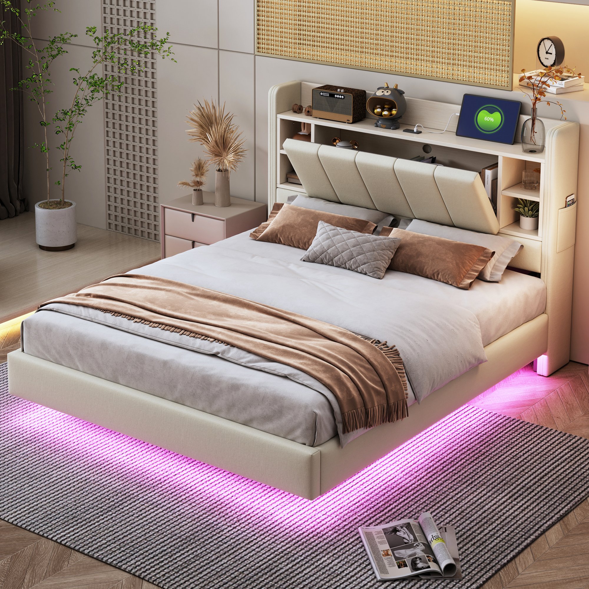 Lit coffre avec rangements intégrés, LED et USB, tête relevable, 140x200