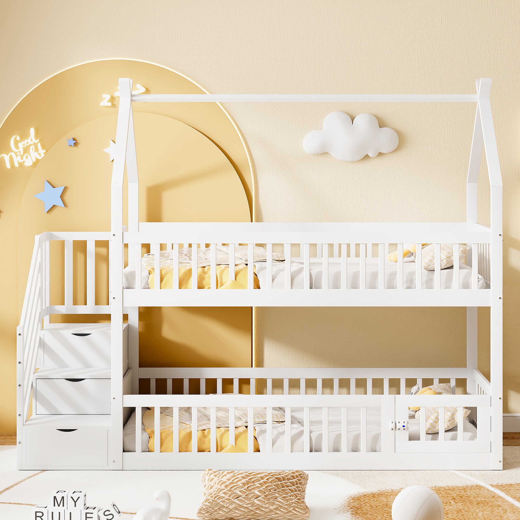 Lit superposé enfant 90x200 avec rangement, escalier sécurisé et toit en pin massif blanc