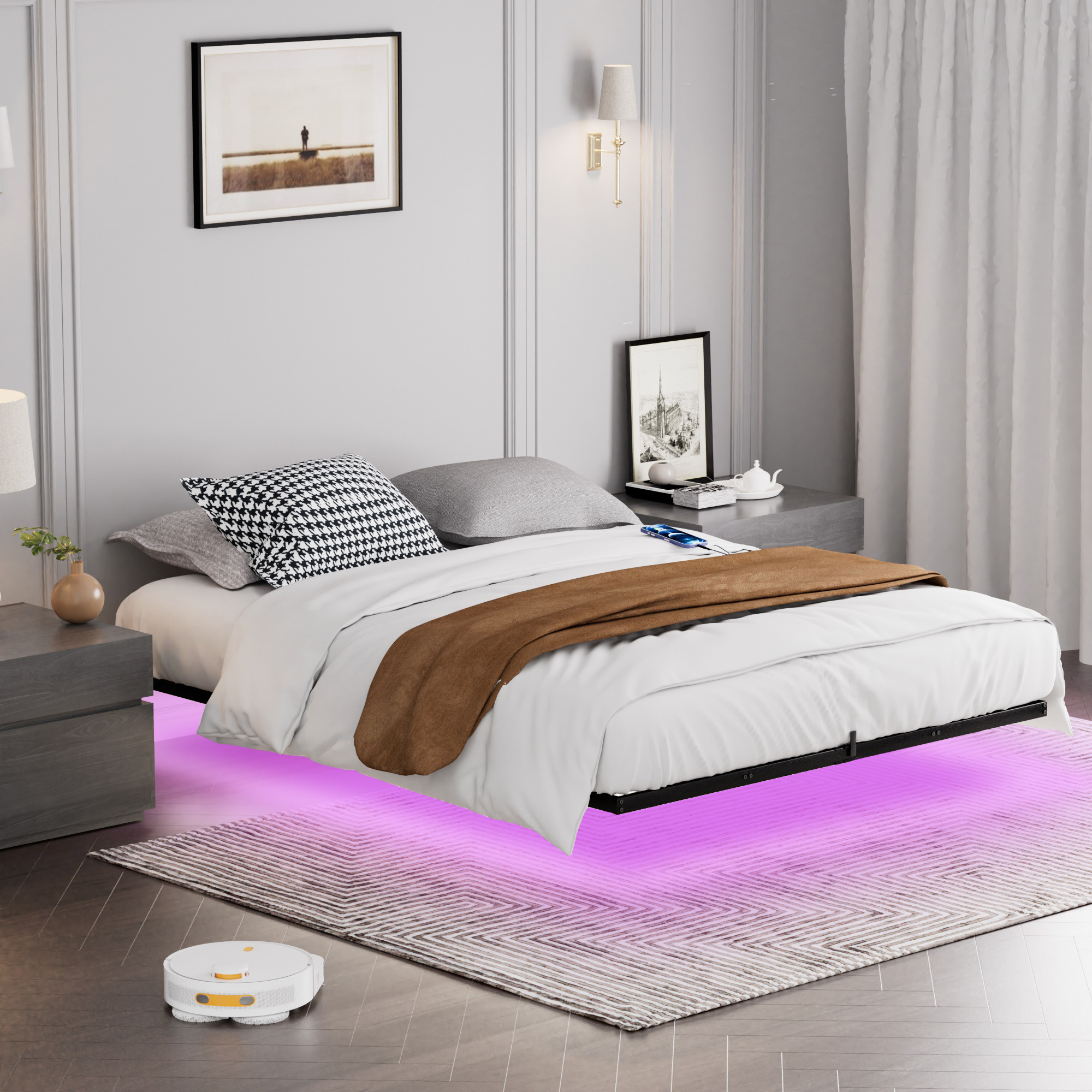 Lit 160x200 avec sommier à lattes, cadre métallique flottant avec LED, USB et Type-C, noir