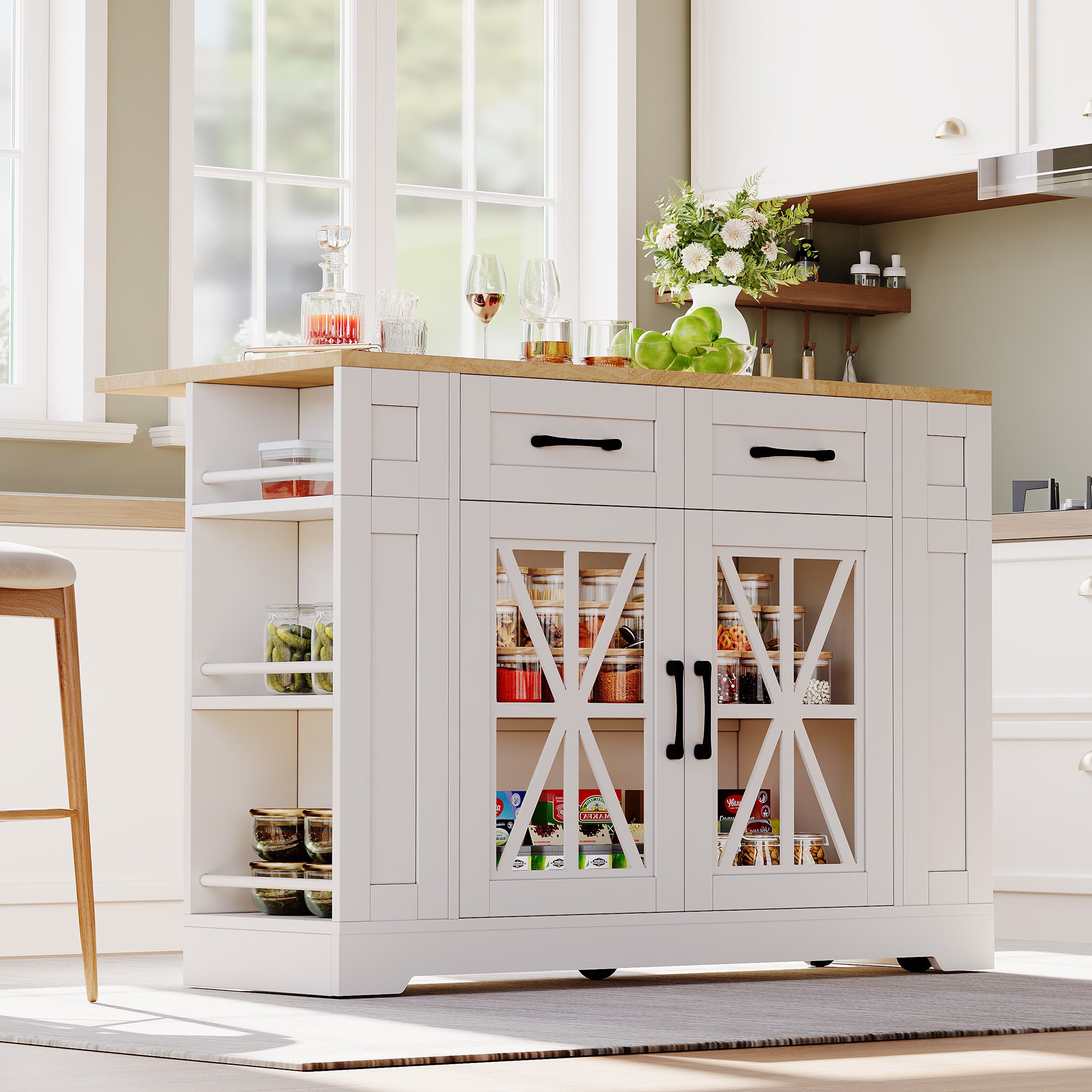 Îlot de cuisine blanc 120x65 cm avec plan de travail extensible, rangements, prises AC et USB, roulettes avec freins