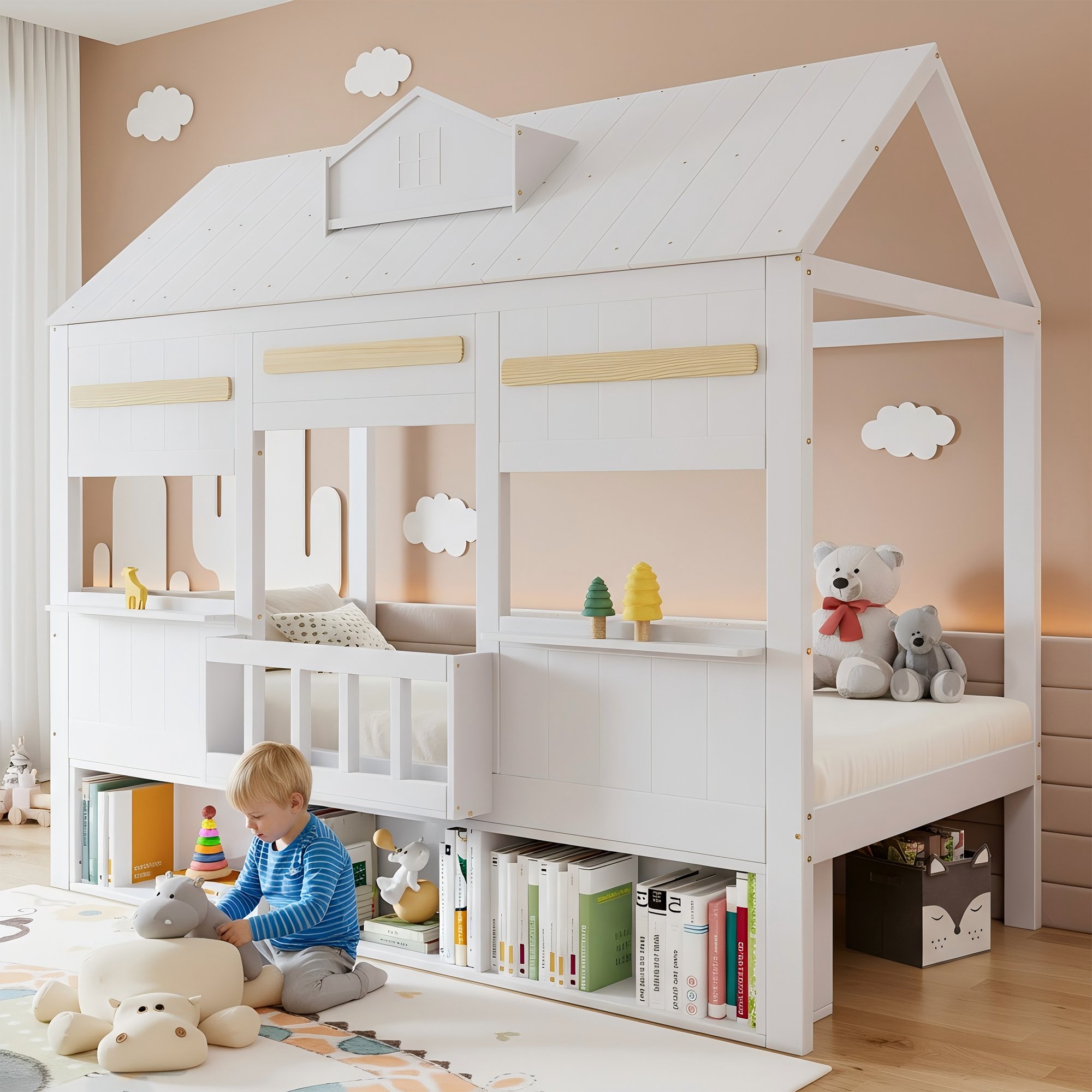 Lit mezzanine 90x200cm pour enfant, avec rangement, blanc, structure en pin
