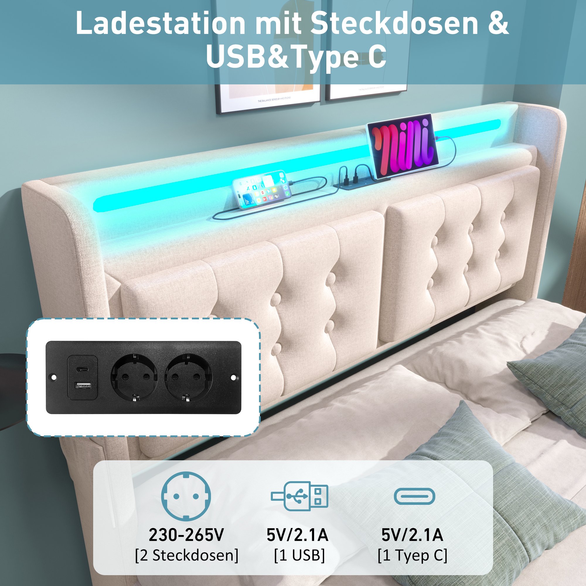 lit coffre 140x200 beige avec LED et USB, rangement spacieux sous cadre métallique, tête de lit fonctionnelle moderne