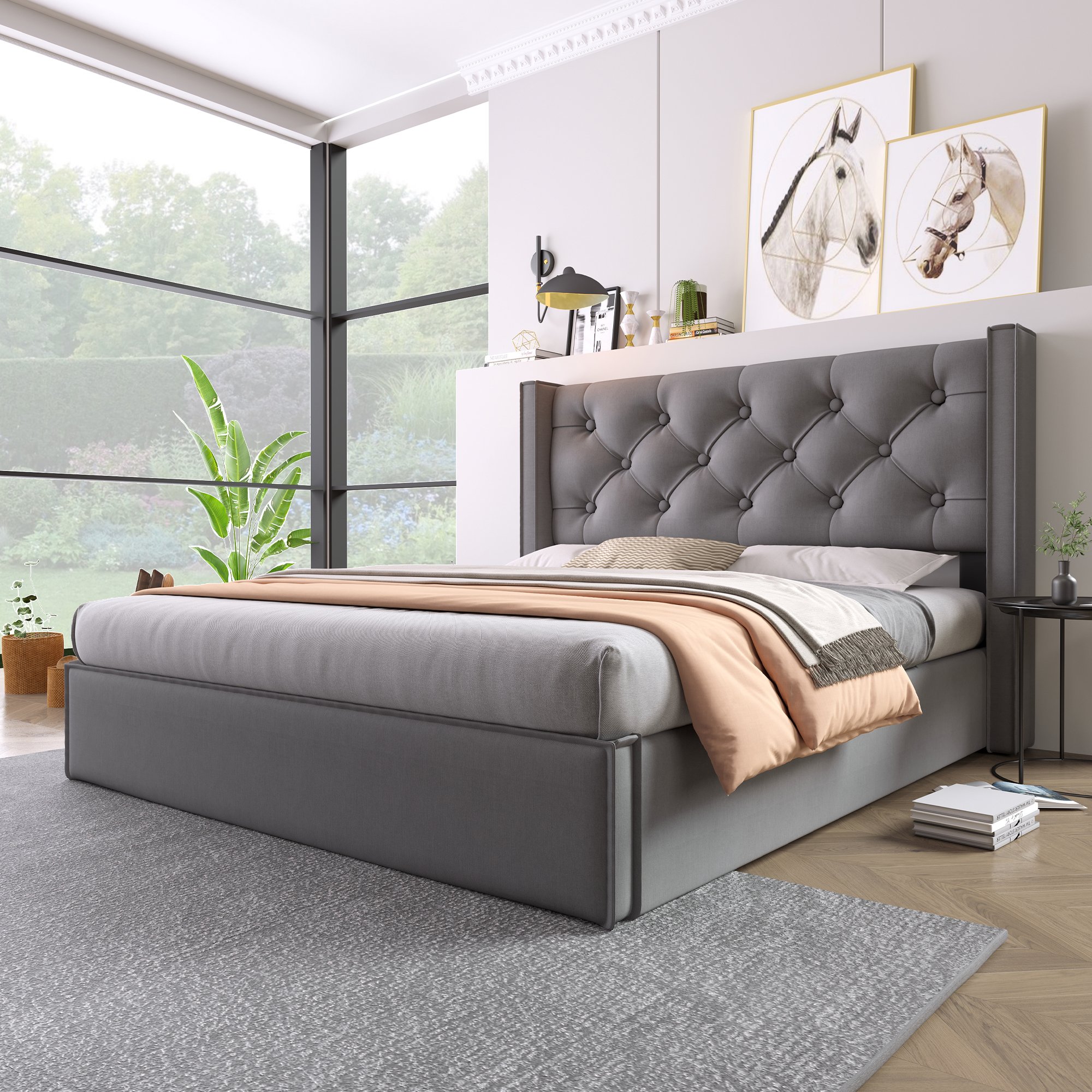 Lit coffre 140x200 avec grand espace de rangement sous le couchage, ouverture hydraulique facile et protection Oxford