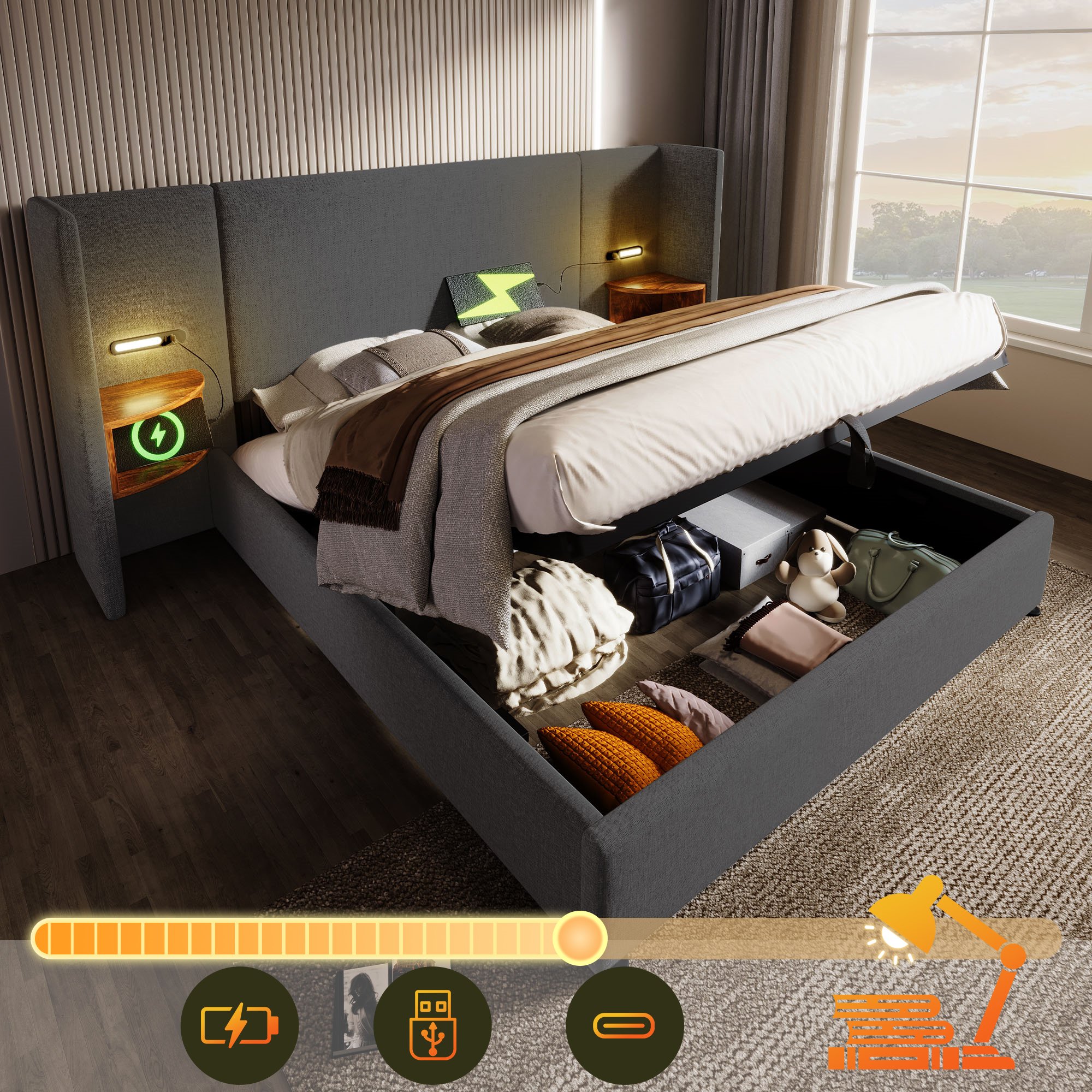 lit coffre double 160x200 avec LED tactile, USB Type-C, étagère intégrée et rangement hydraulique sous matelas