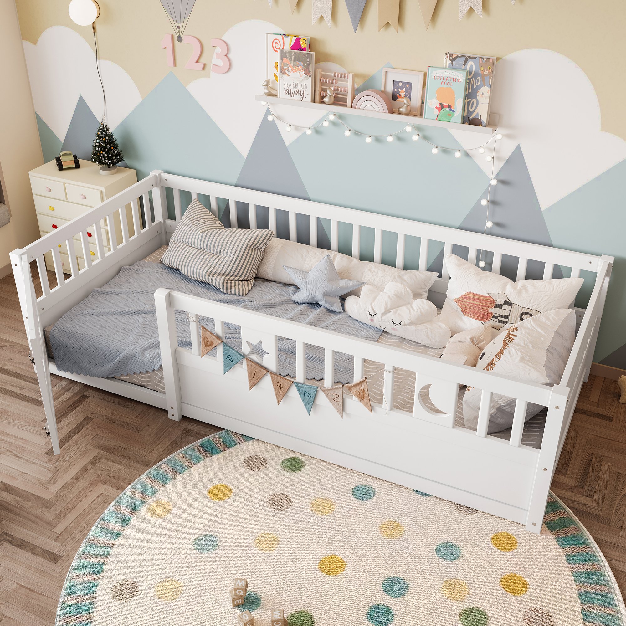 Lit enfant 90x190 avec barrière verrouillable et sécurité anti-chute, décoration étoilée, blanc, sans matelas