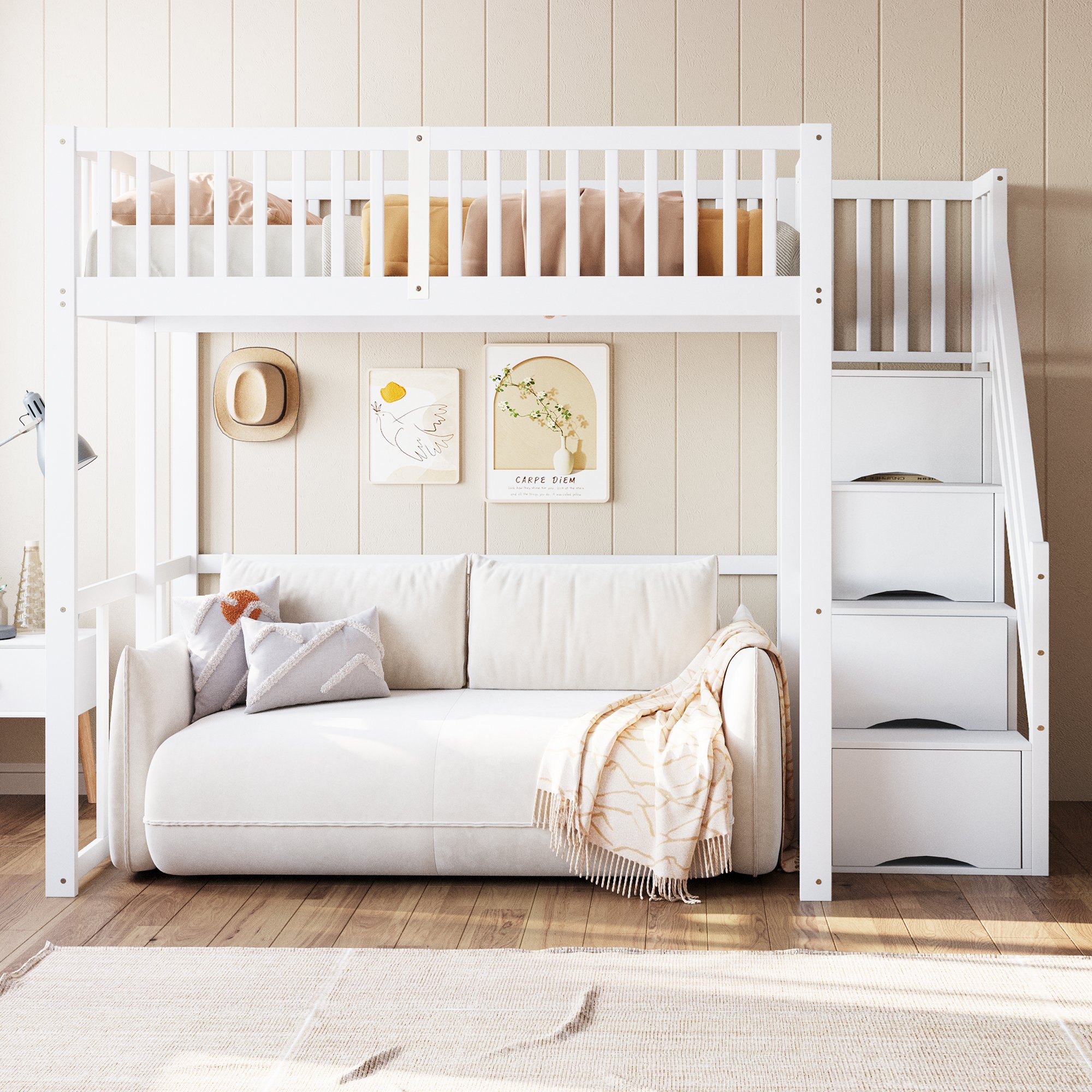 Lit mezzanine 140x200 blanc en pin massif avec échelle de rangement et sécurité