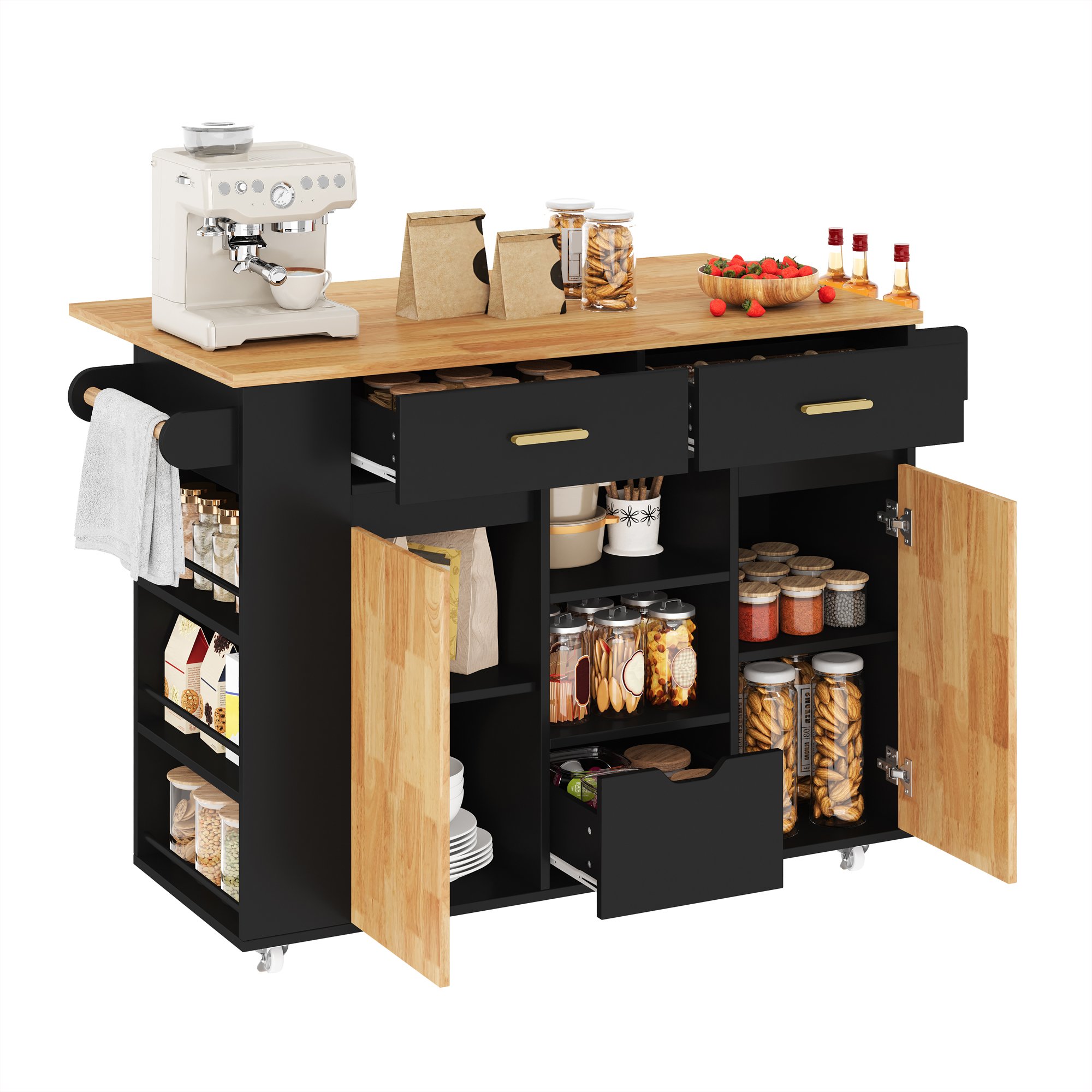 Îlot de cuisine avec rangement, plan de travail rabattable, 3 tiroirs, étagère à épices, roulettes freinables, Panneau composite de fibres de bois à densité noir et bois naturel, 120x45(71)x90 cm
