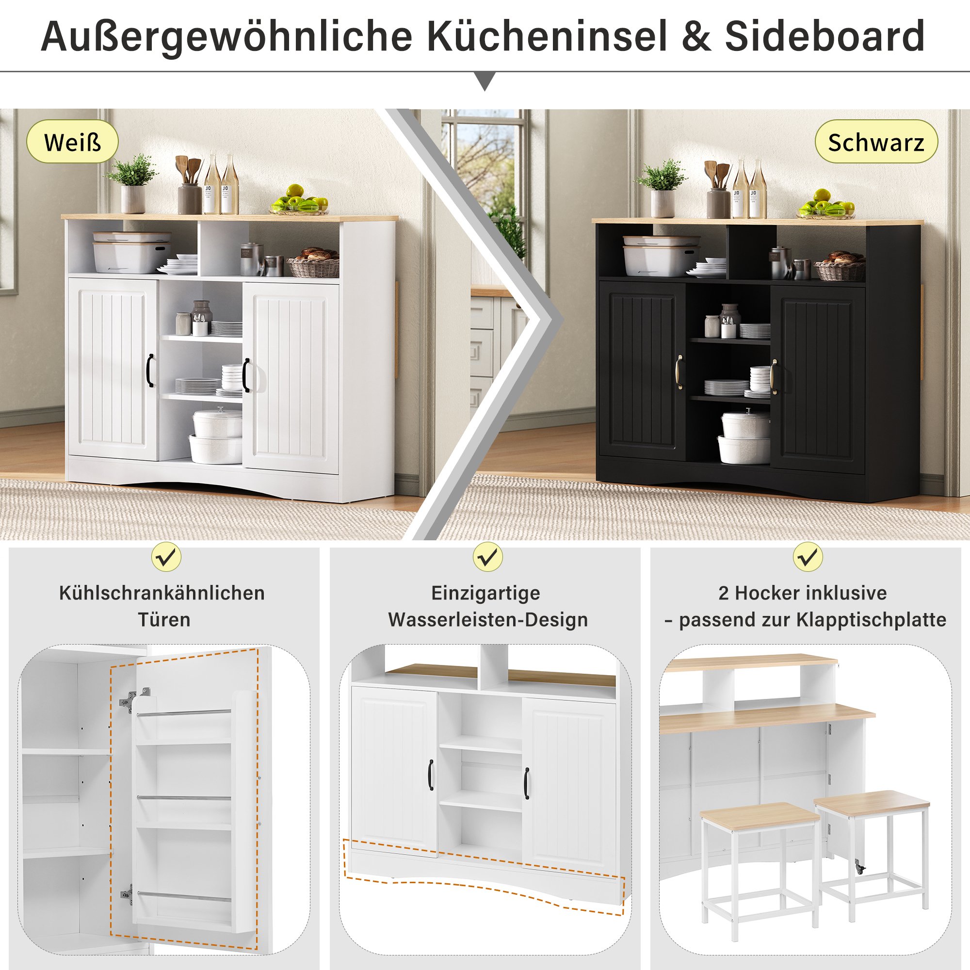 Îlot de cuisine en Panneau composite de fibres de bois à densité blanc avec plan rabattable, rangement intérieur, sur roulettes, dimensions 110x34x97,5 cm