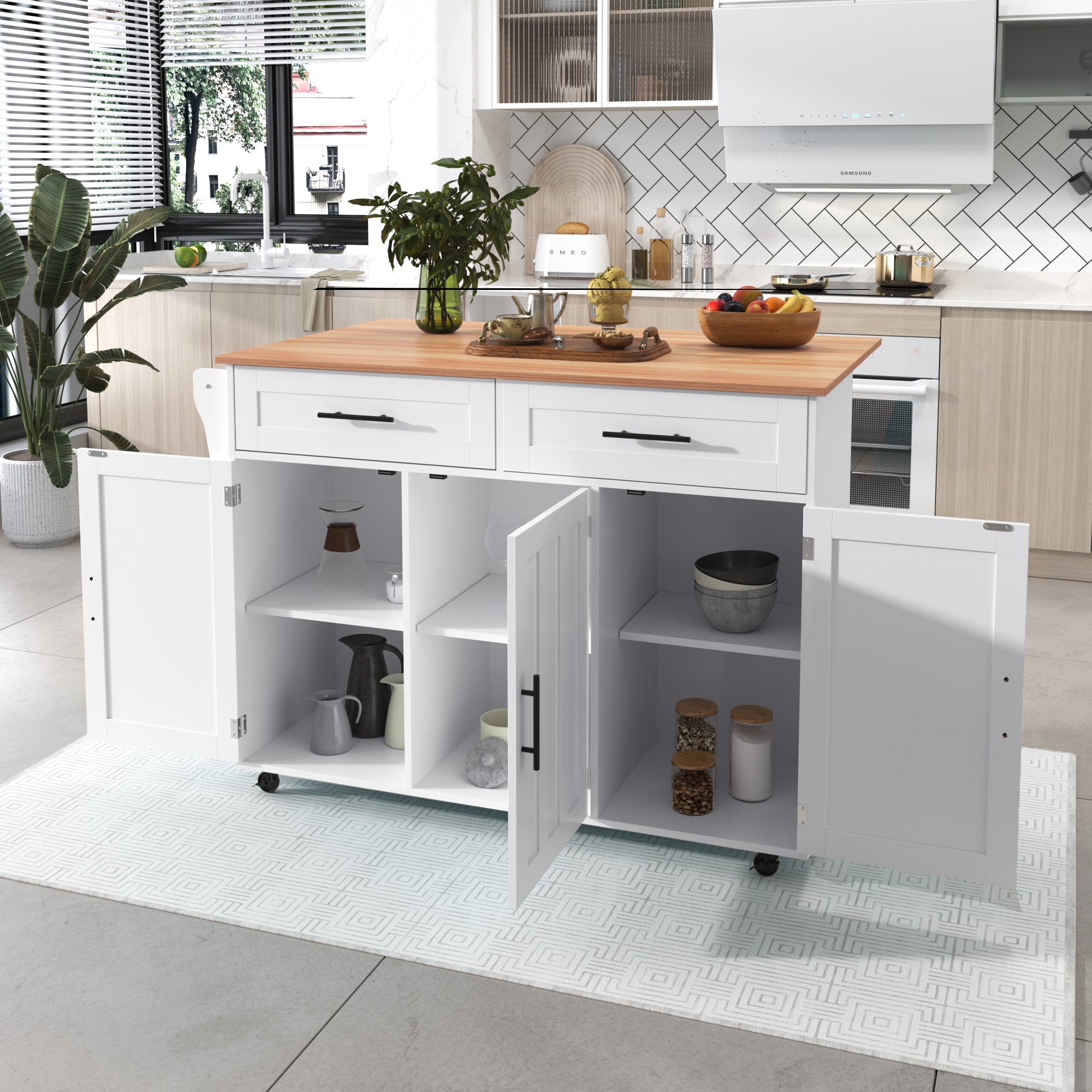 Îlot de cuisine blanc avec rangement et table rabattable, sur roulettes, avec tiroirs et étagères réglables, 129x46x91,5 cm