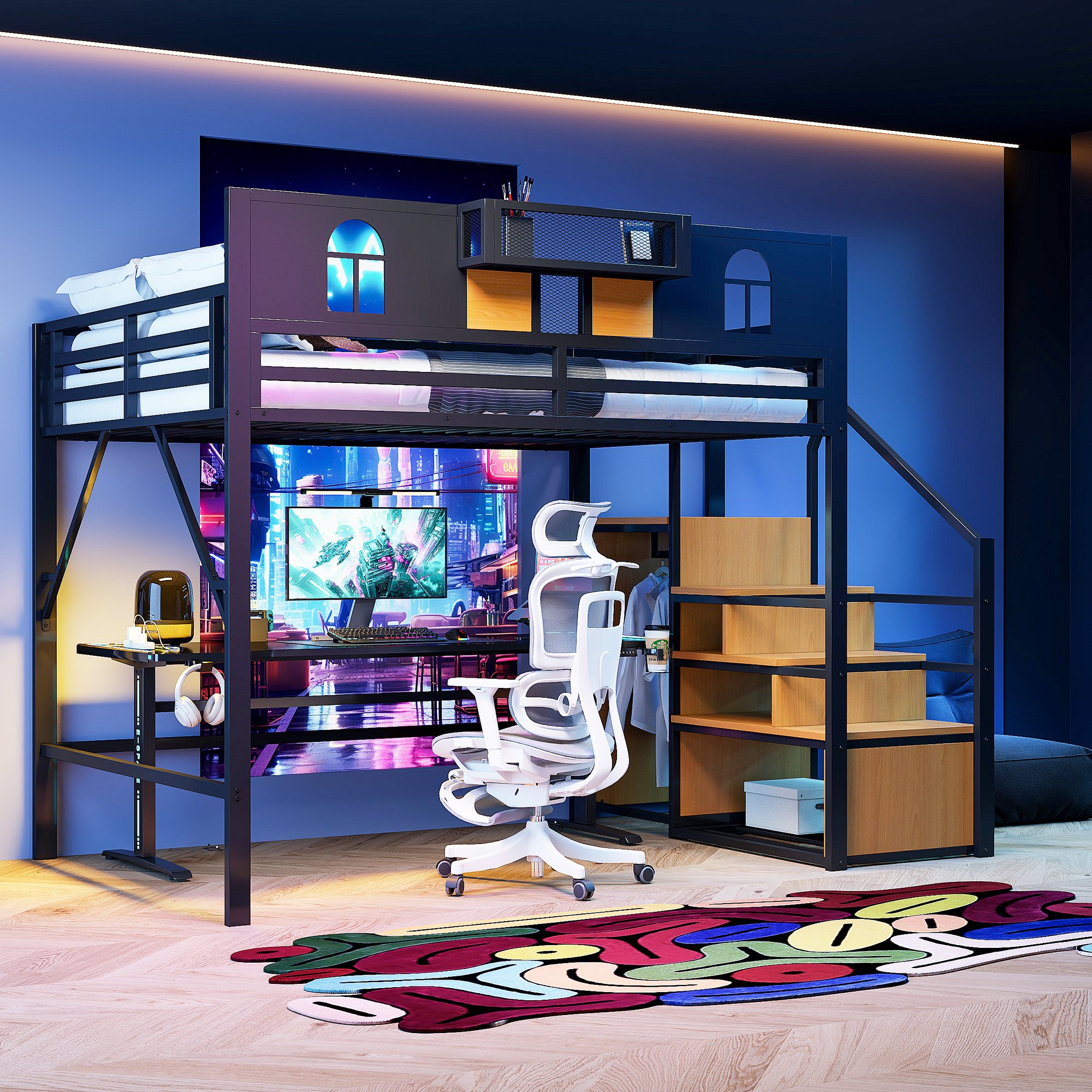 Lit mezzanine 140x200 avec rangements intégrés, échelle de rangement et espace sous le lit