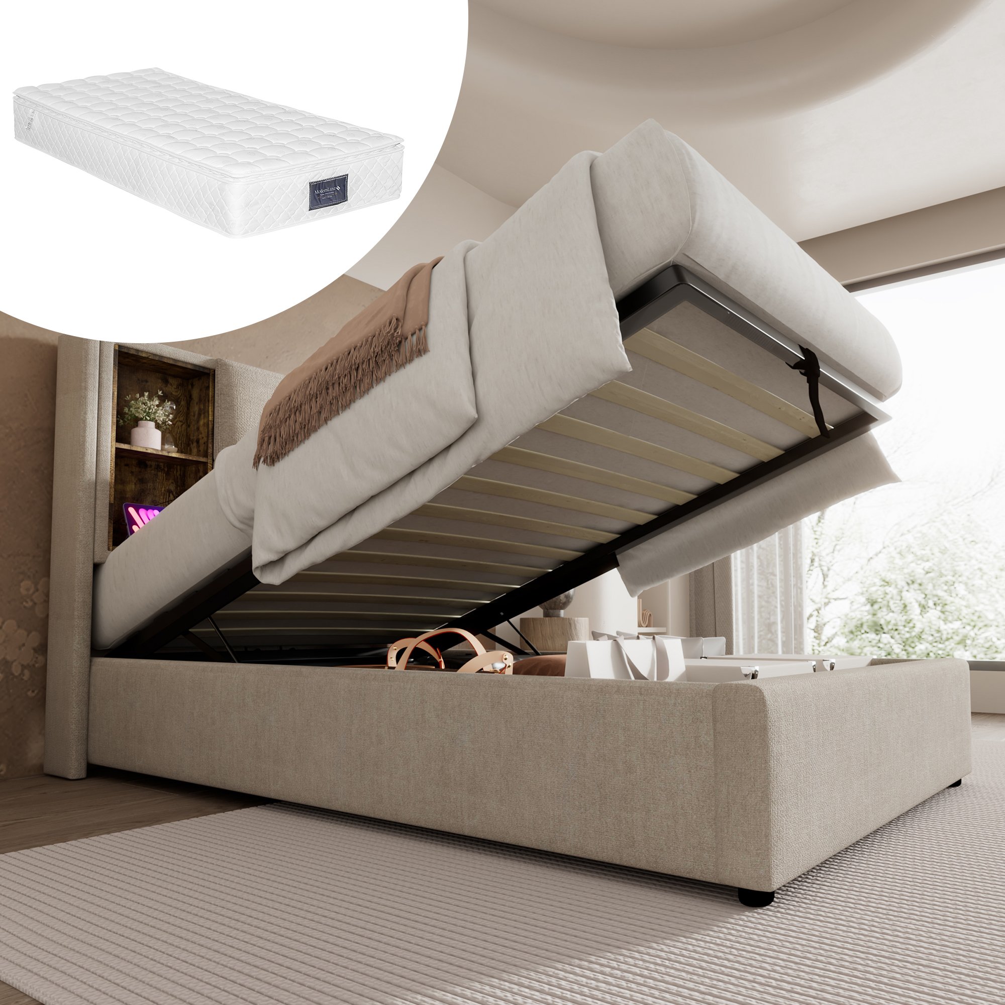 lit coffre 90x200 avec matelas, chargeur sans fil, USB Type-C, rangement hydraulique et sommier à lattes bois naturel