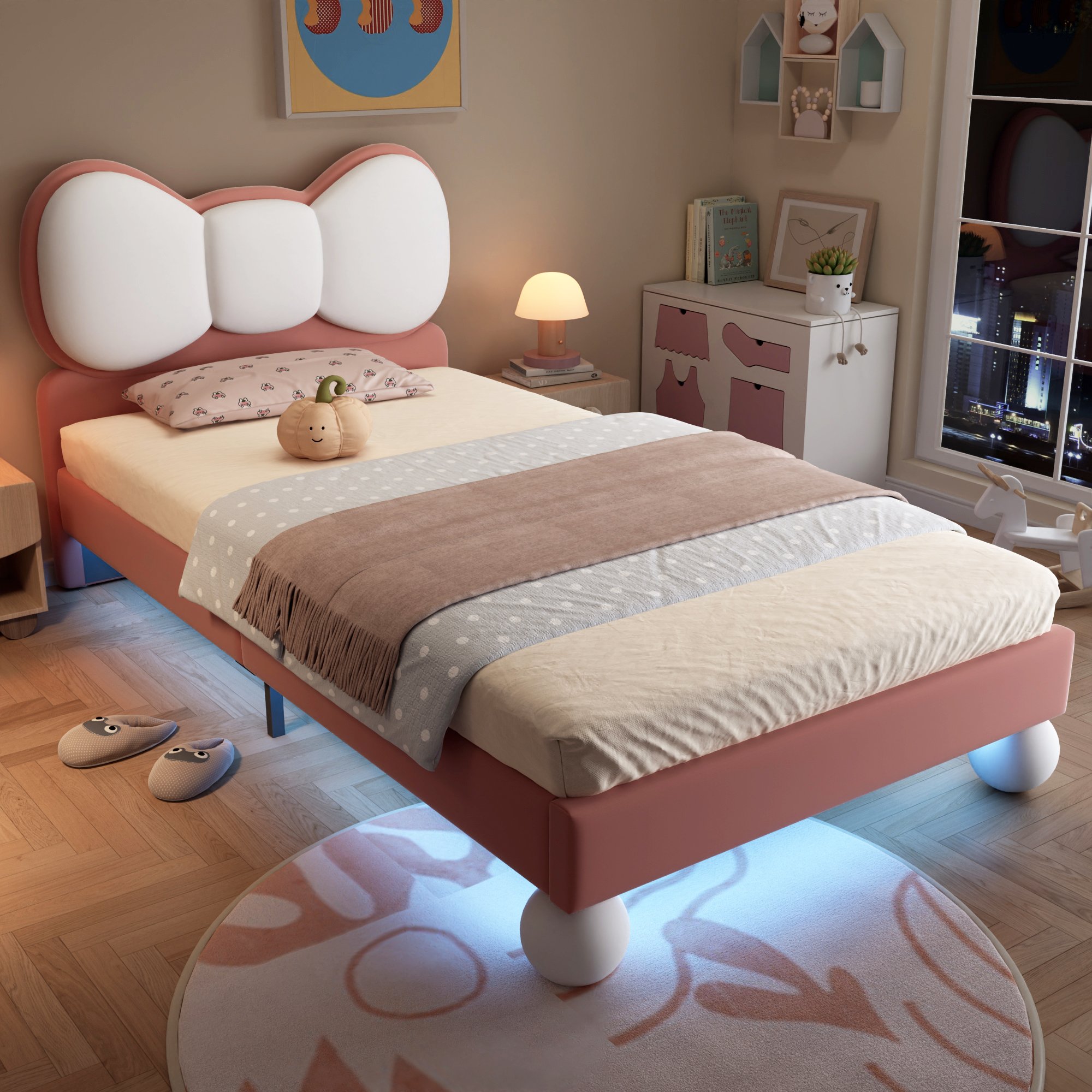 Lit enfant en velours beige et rose, structure en contreplaqué, 90x200, avec LED et sommier à lattes
