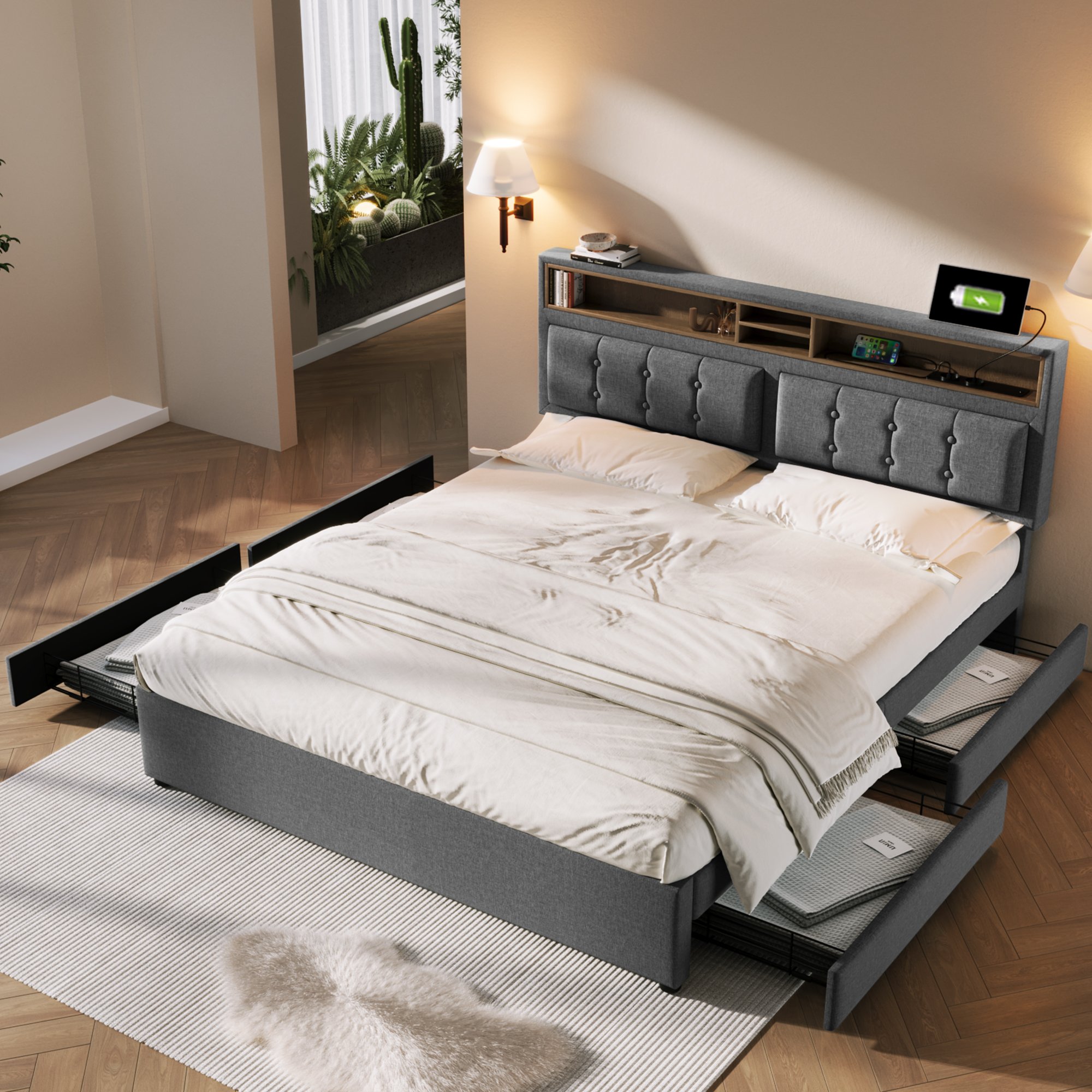 Lit rembourré 140x200 gris avec sommier à lattes, 4 tiroirs de rangement et prise USB Type-C intégrée