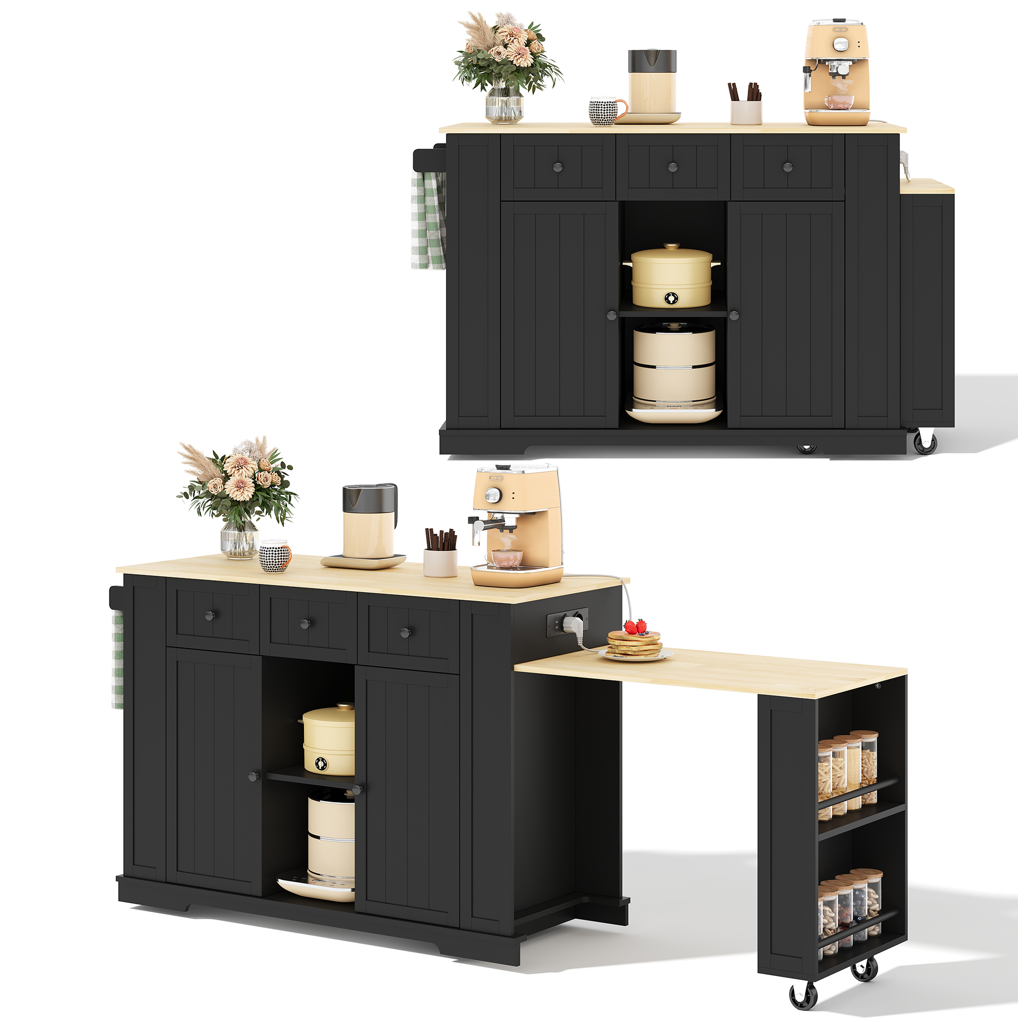 Îlot de cuisine 138x55x93 cm avec table extensible, rangement, 7 roulettes et prises, noir et bois