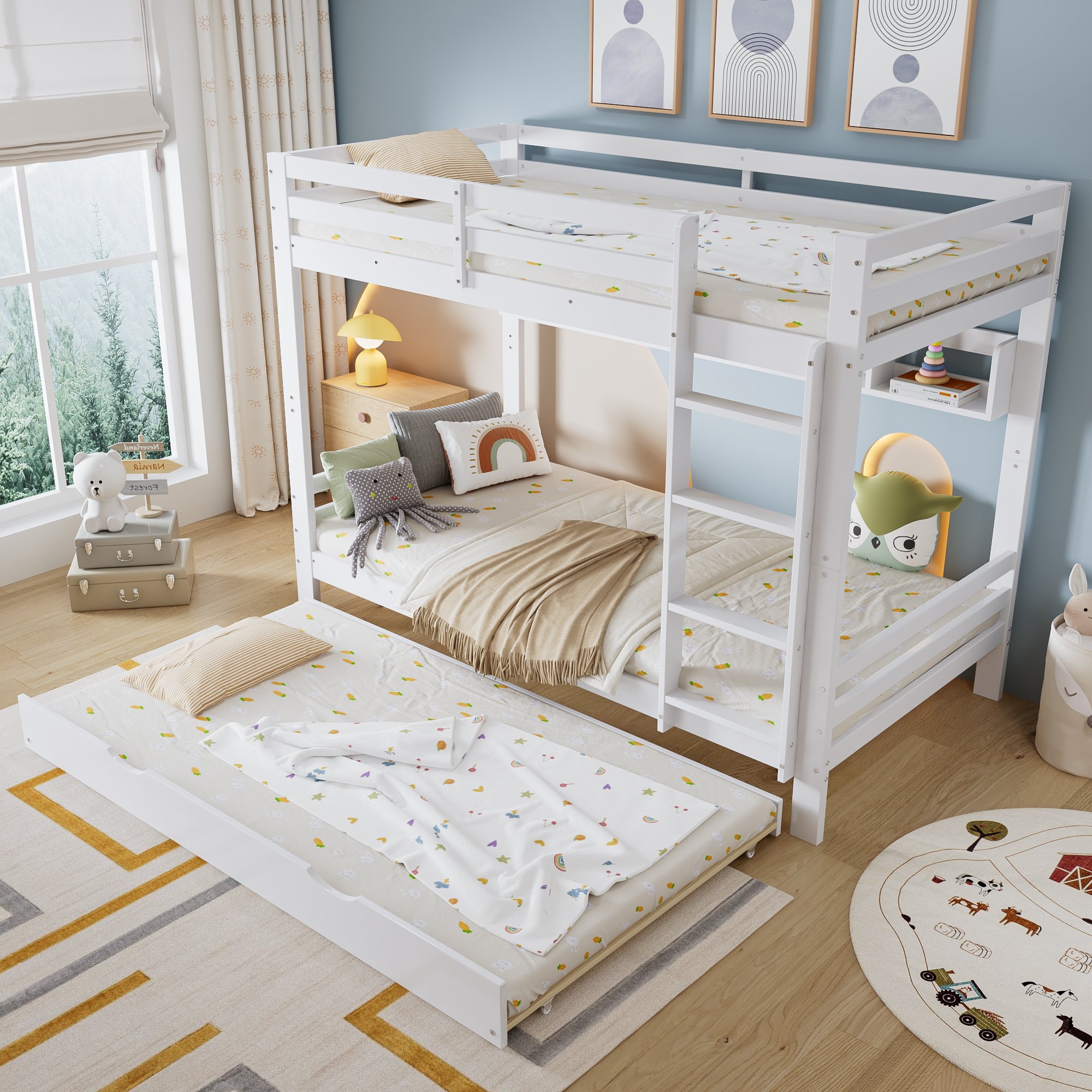 Lit superposé avec lit escamotable et rangements, 90x200, blanc