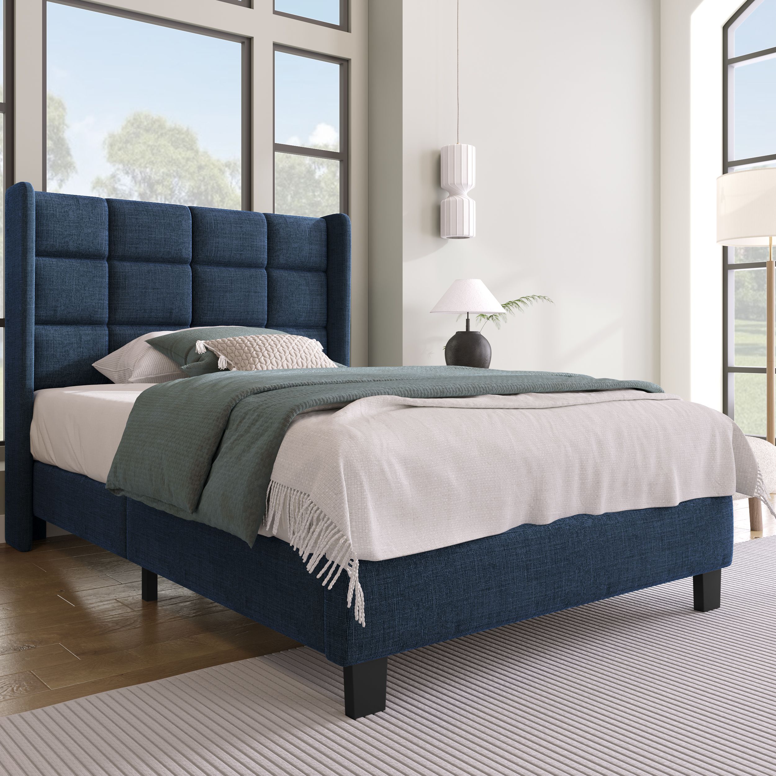 Lit rembourré 90x200 bleu lin avec tête de lit haute et sommier à lattes, design contemporain