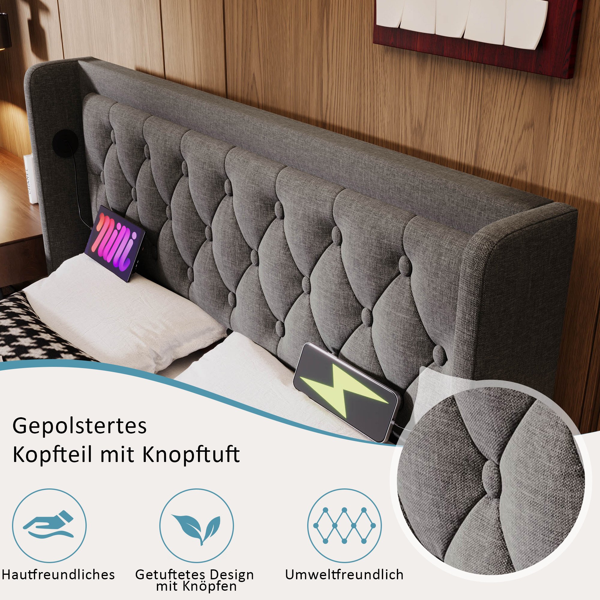 lit coffre 160x200 gris avec rangement hydraulique, LED 3 côtés et USB Type-C, tête de lit rembourrée capitonnée