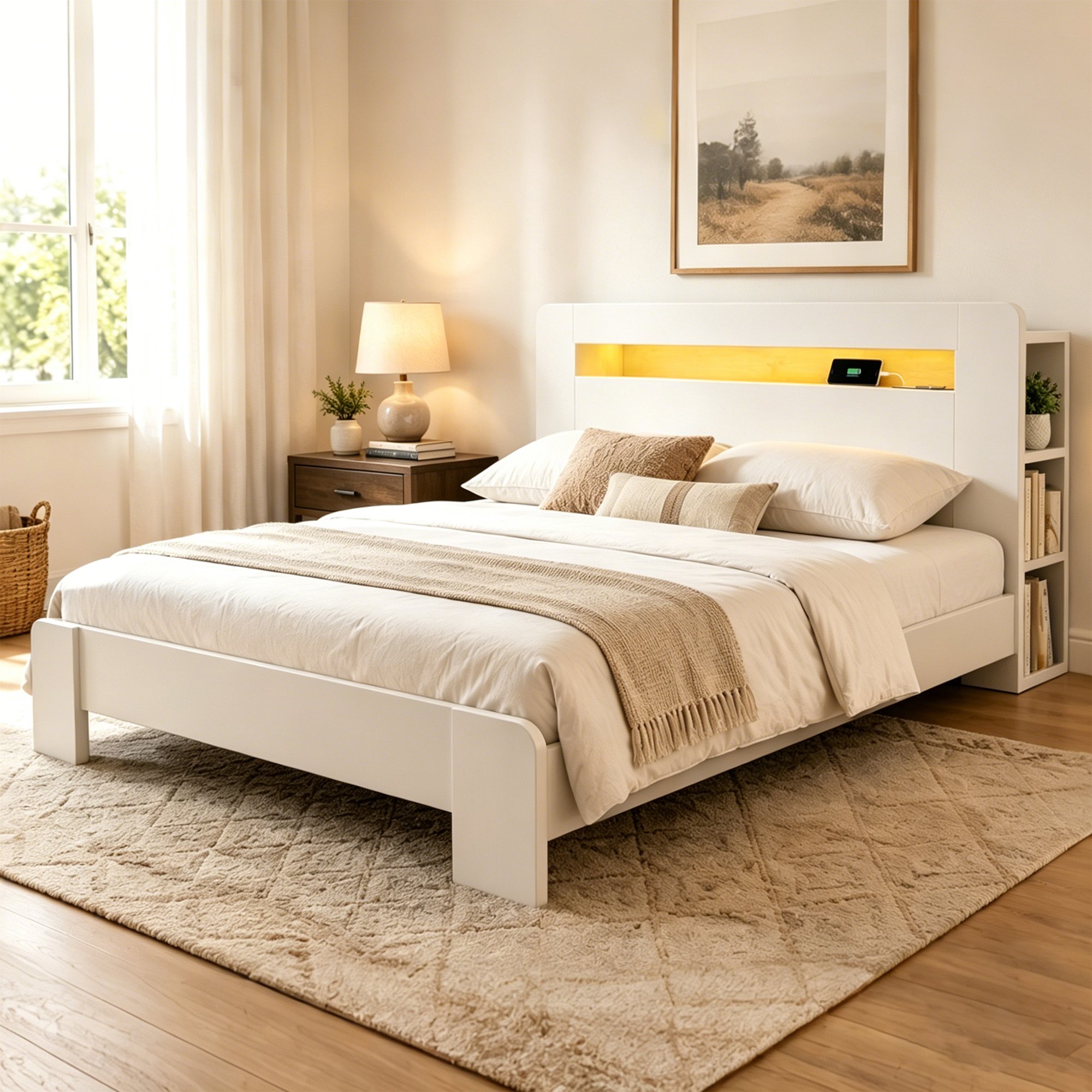 Lit coffre 140x200 avec rangement intégré, LED et prises USB, en bois blanc