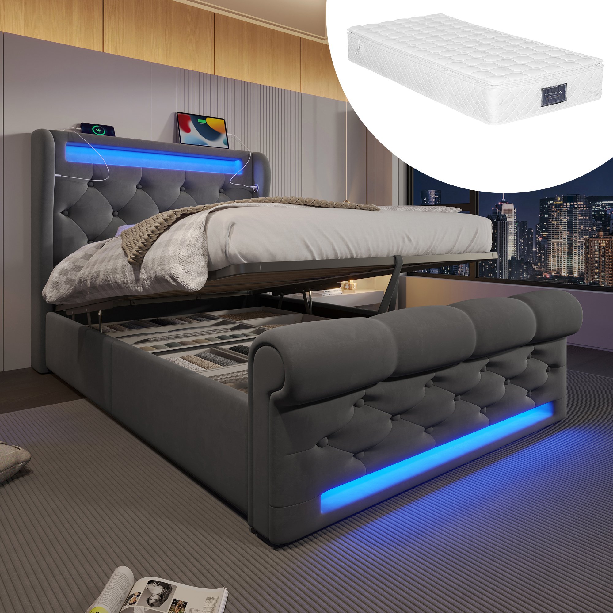 Lit coffre 90x200 cm, structure renforcée capacité 150 kg, revêtement velours gris capitonné avec LED intégrée