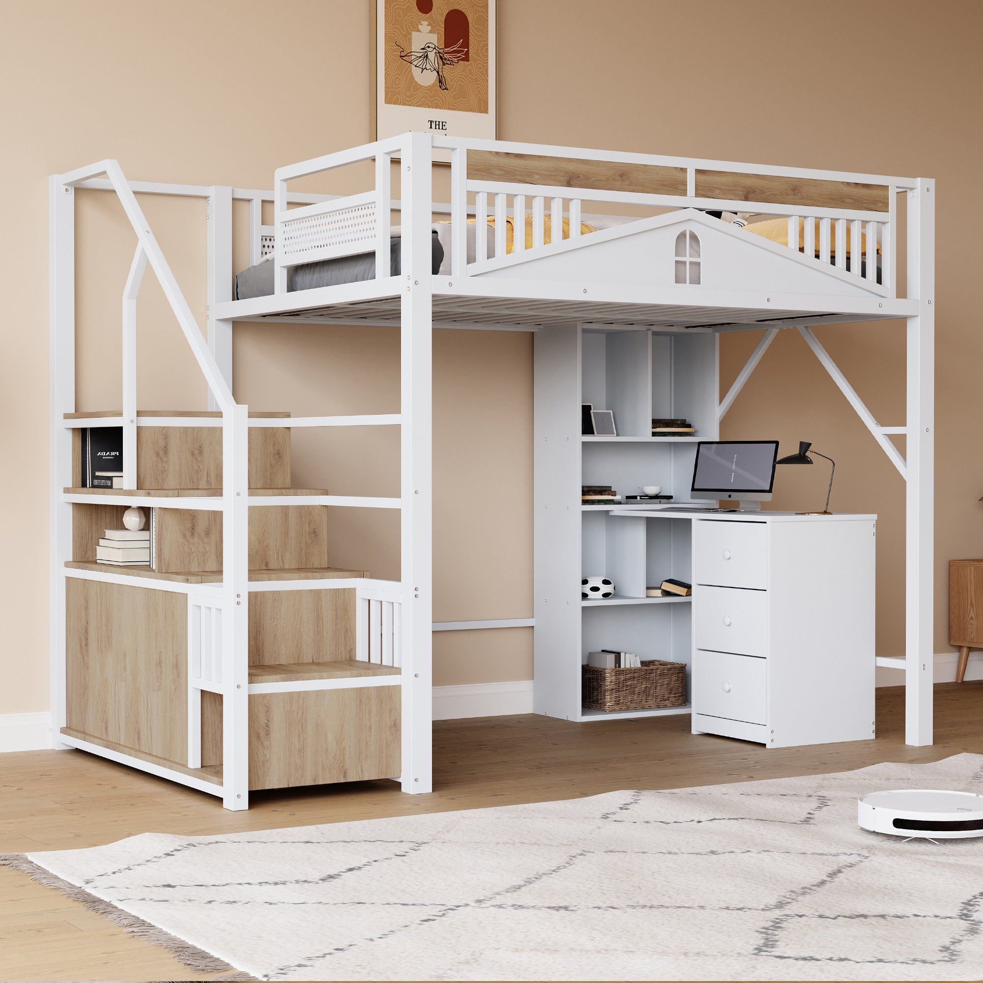 Lit mezzanine 140x200 blanc métal et bois avec échelle et rangements