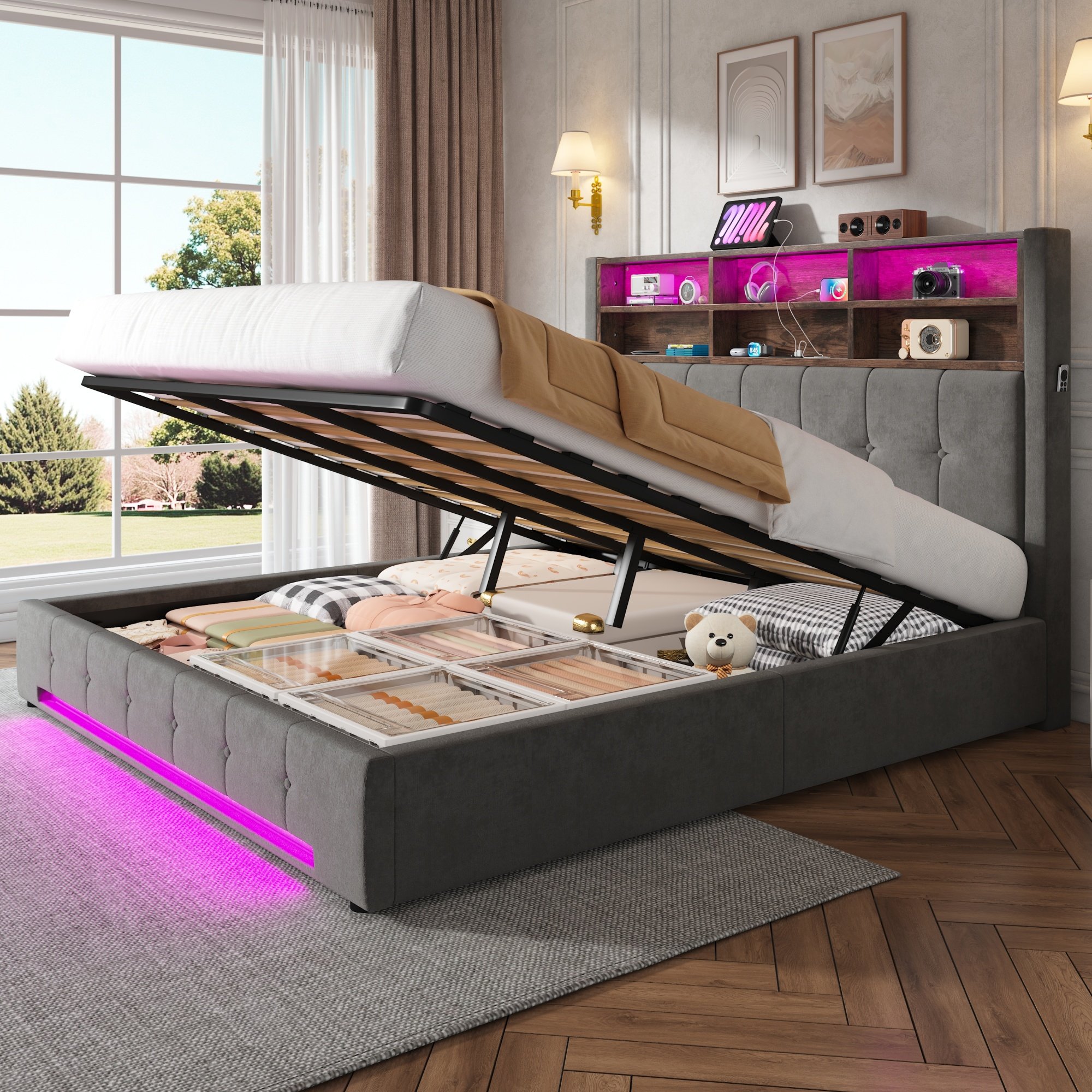 Lit coffre 180x200 pour 2 personnes, avec tête de lit multifonction et rangement sous le lit