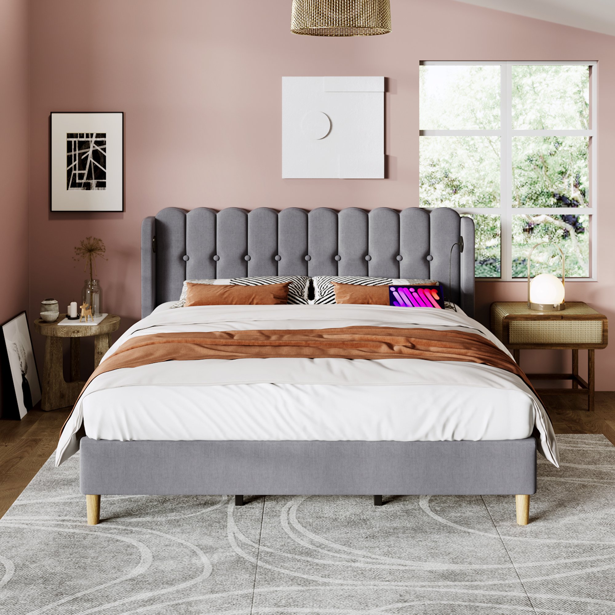 Lit double rembourré 180x200 gris avec sommier à lattes et chargeurs USB Type-C intégrés, assemblage facile