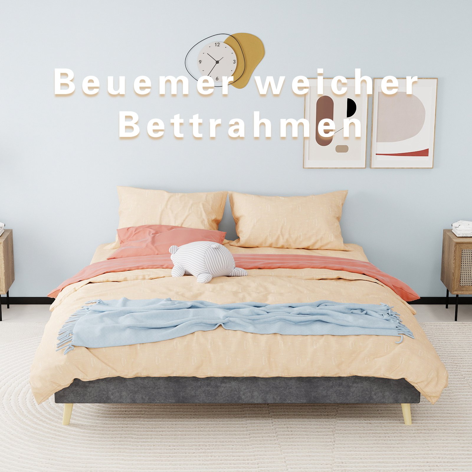 Lit coffre 160x200 avec sommier à lattes et coffre de rangement, revêtement en velours, gris