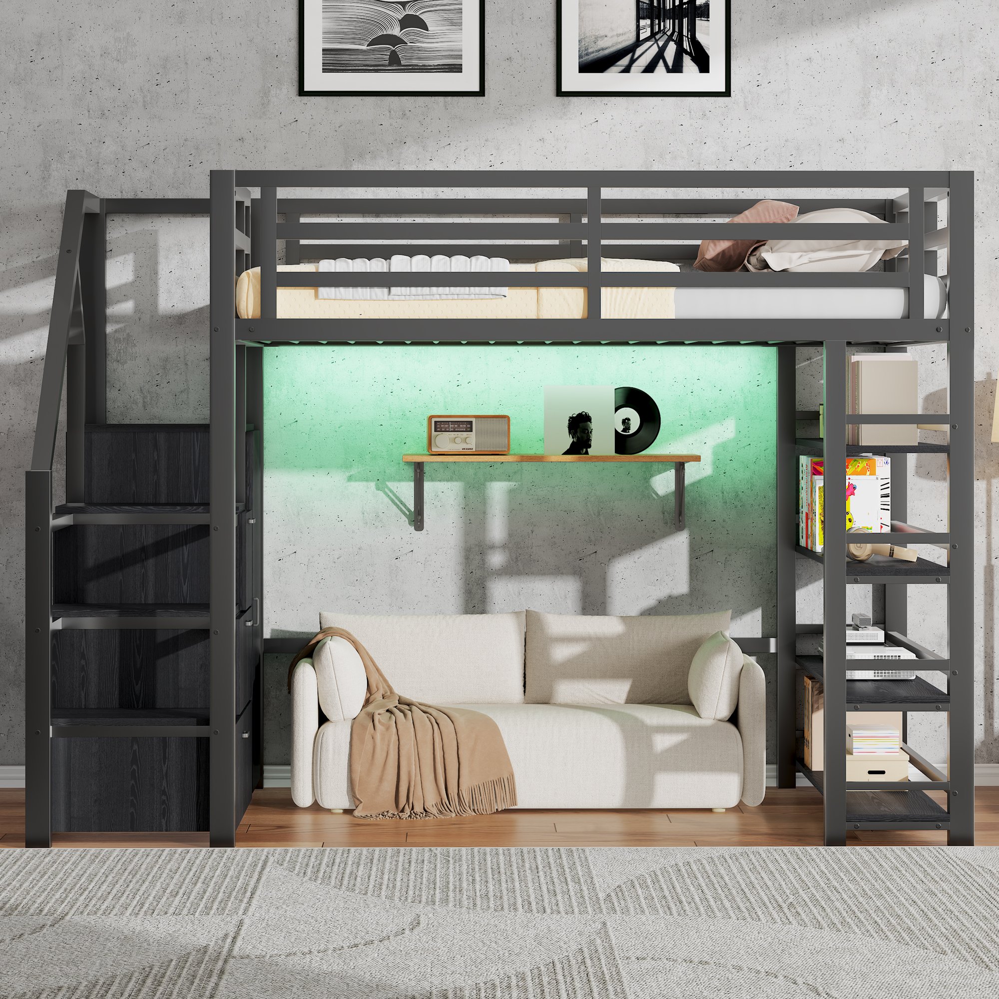 Lit mezzanine 140x200 en métal et Panneau composite de fibres de bois à densité avec rangements, armoire et échelle intégrée