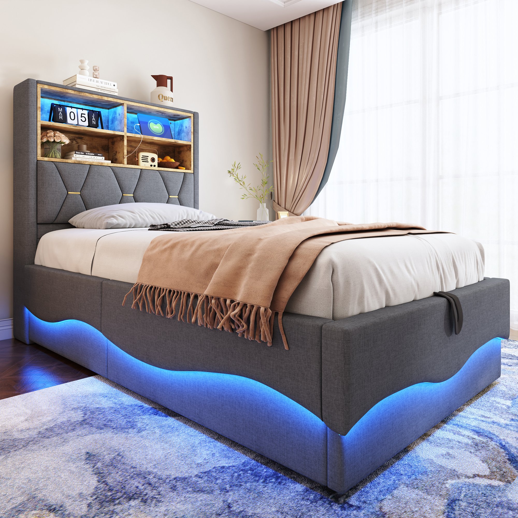Lit coffre 90x200 cm en lin gris avec rangement hydraulique, LED et USB