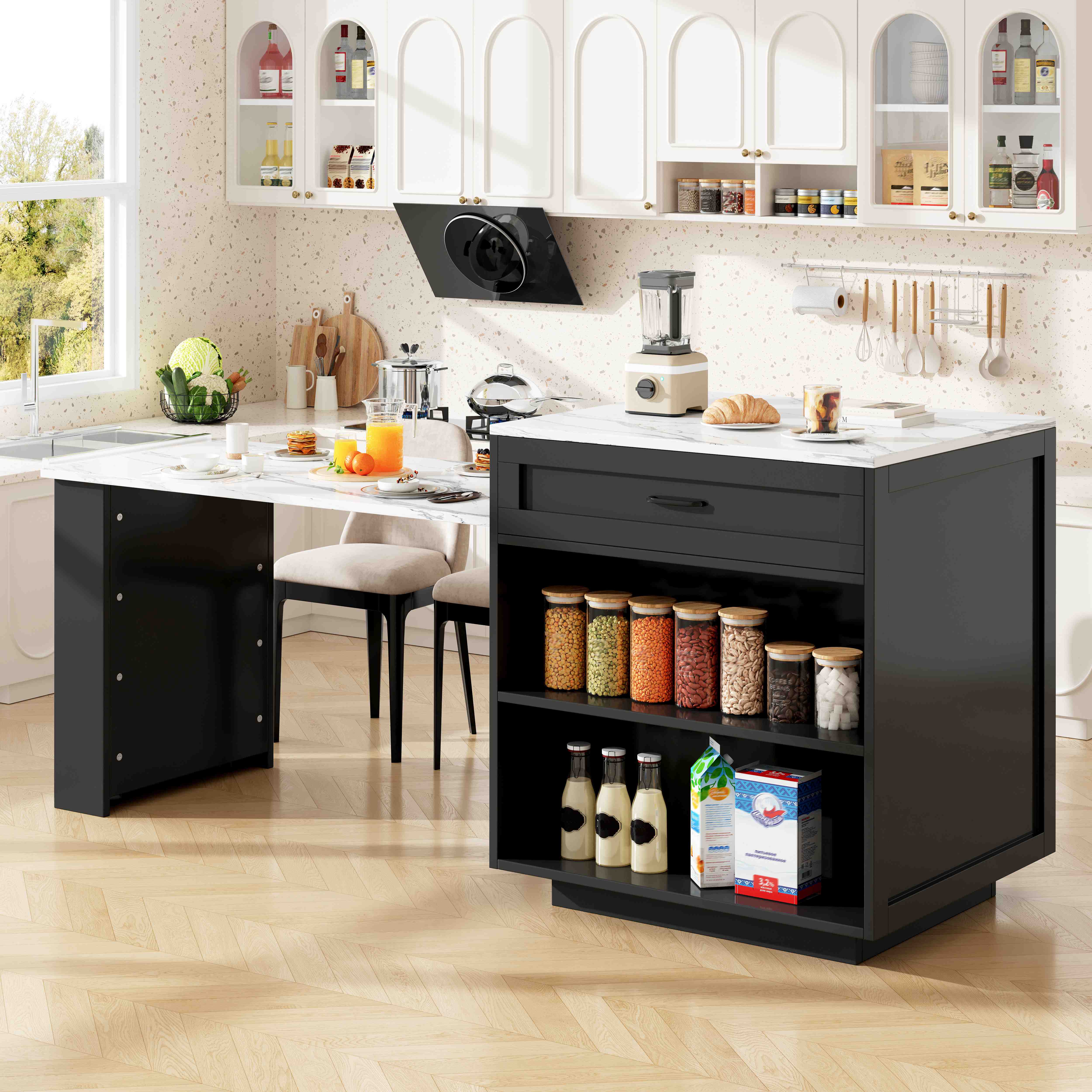 Îlot de cuisine avec rangement extensible noir, 2 tiroirs, 2 étagères, table de bar pour 2-6 personnes, sur roulettes