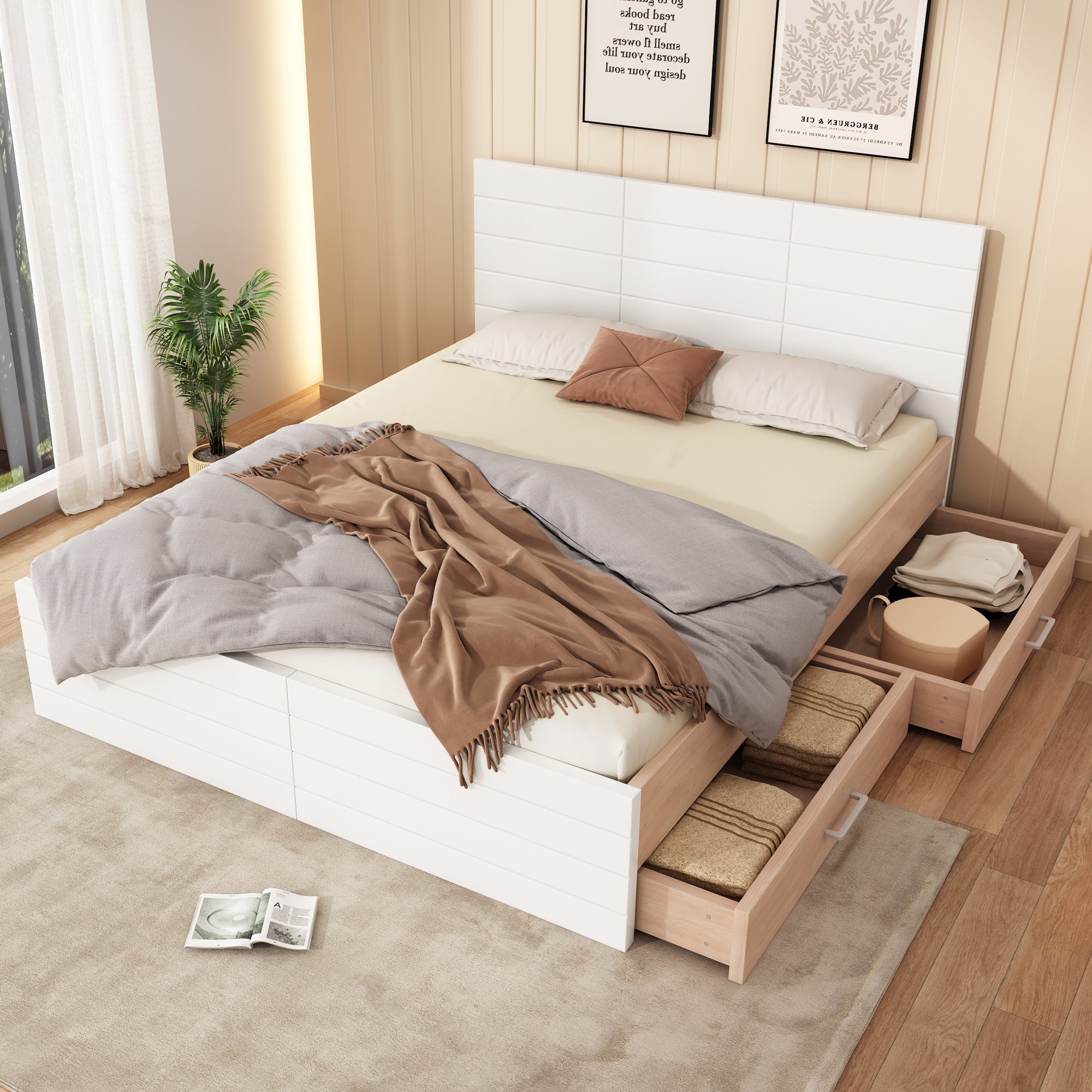 Lit double 160x200 avec sommier à lattes, lit coffre blanc chêne clair avec 2 tiroirs et rangement sous le matelas