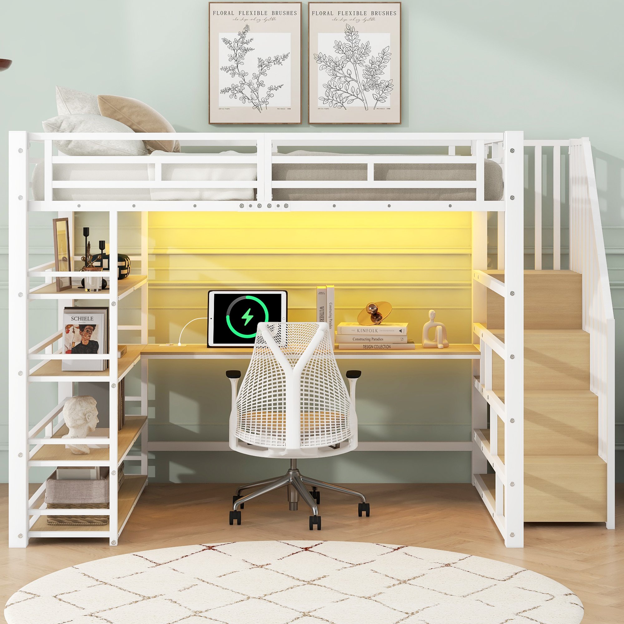 Lit mezzanine 140x200 blanc métal avec escalier, bureau intégré, rangements, LED et USB