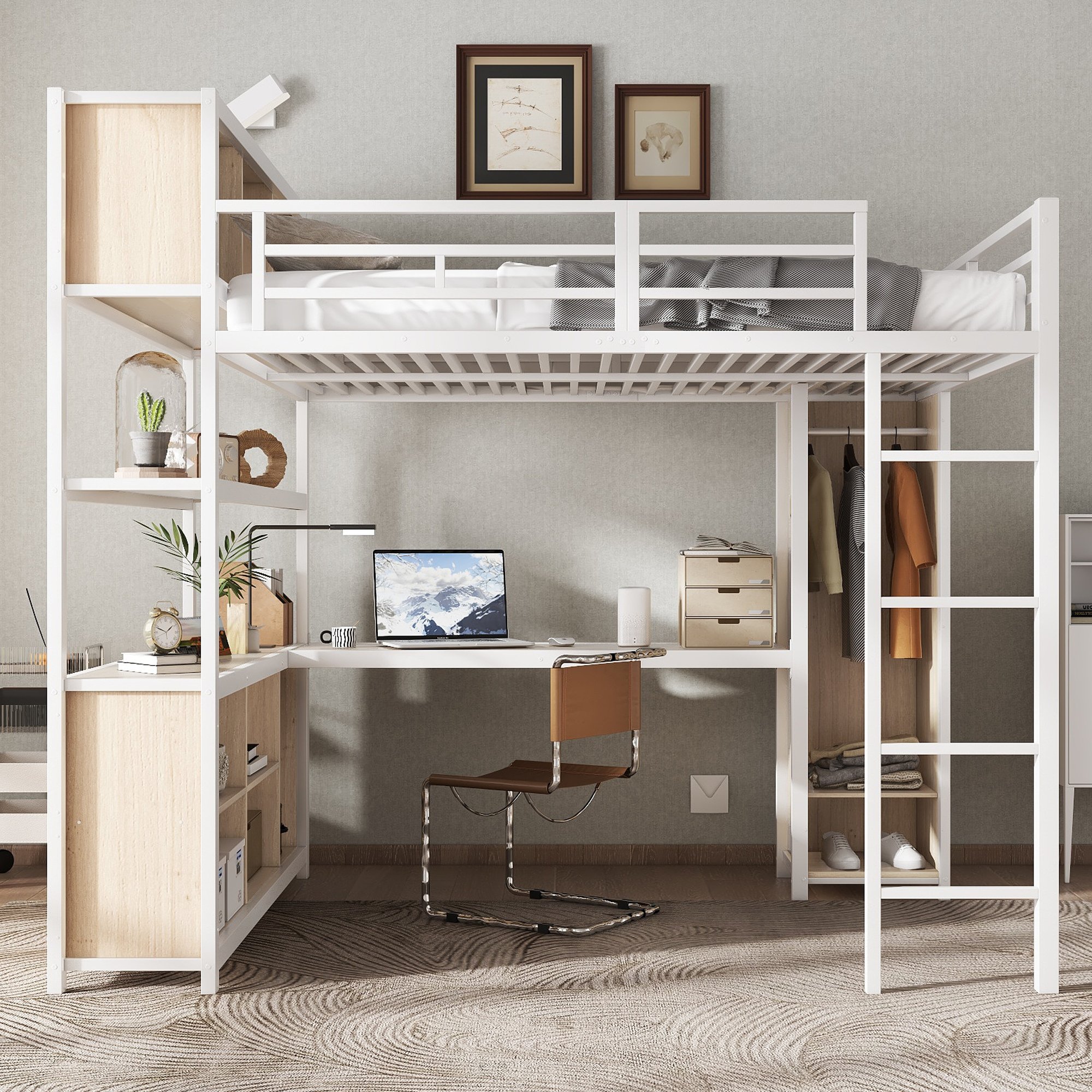 Lit mezzanine 140x200 avec bureau intégré et rangements, blanc et bois, échelle et armoire