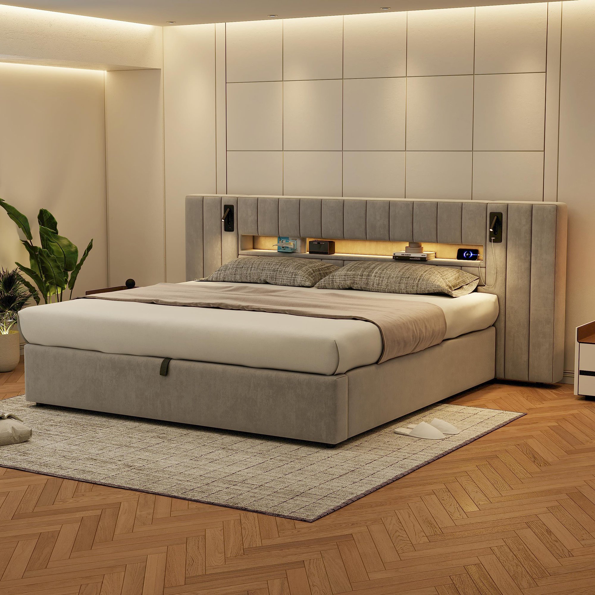 Lit coffre 180x200 cm gris velours, 2 places, avec tiroir de rangement, lumière LED à télécommande et prises USB Type-C