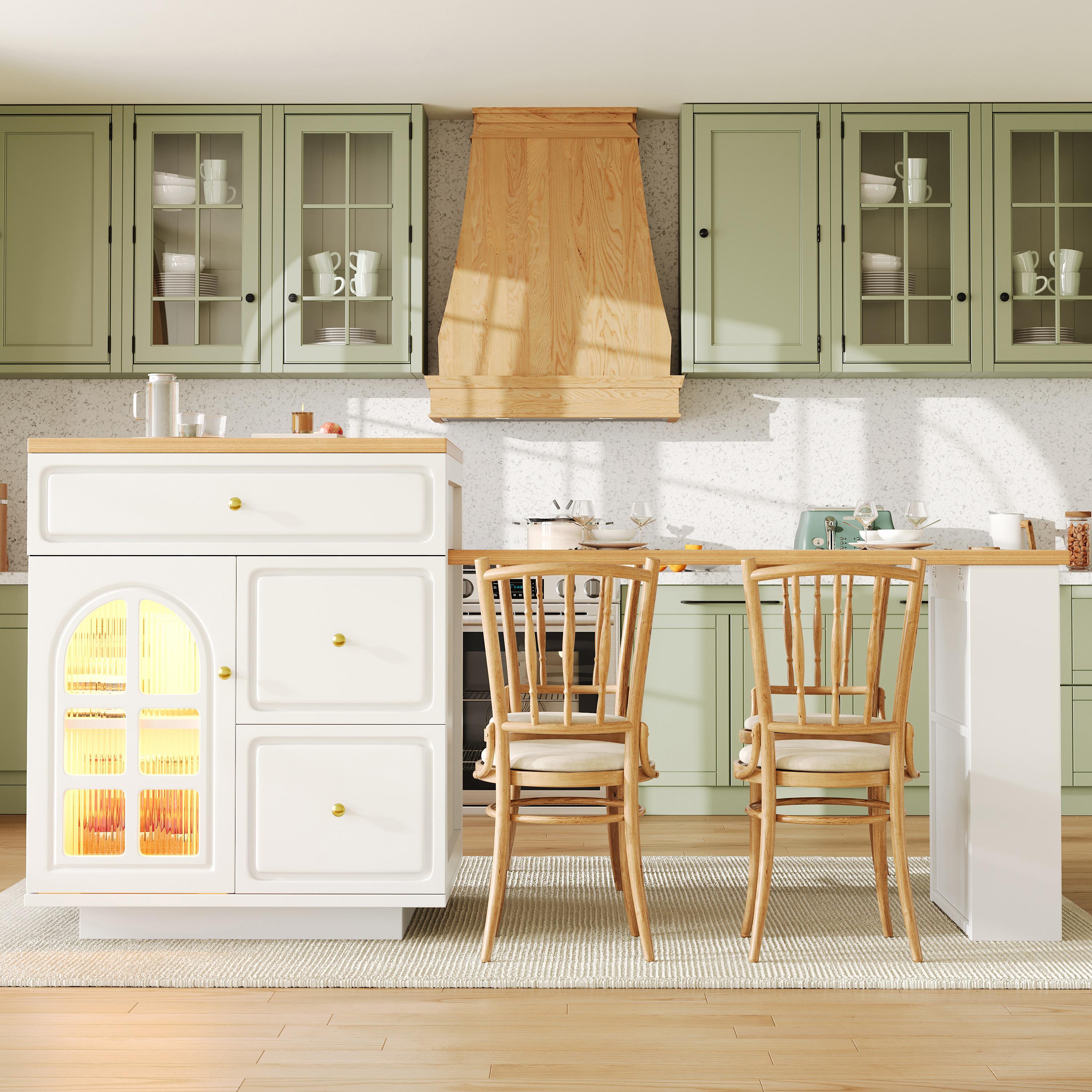 Îlot de cuisine avec rangement, extensible et blanc, tiroirs, LED RGB, vitrine, table ajustable 122,5-195,5 cm, Panneau composite de fibres de bois à densité