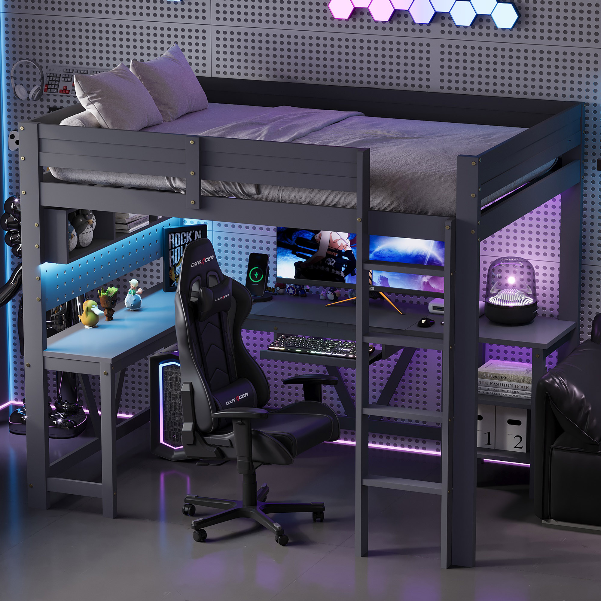 Lit mezzanine avec bureau, rangements et LED, couchage 90x200, chargeur USB intégré