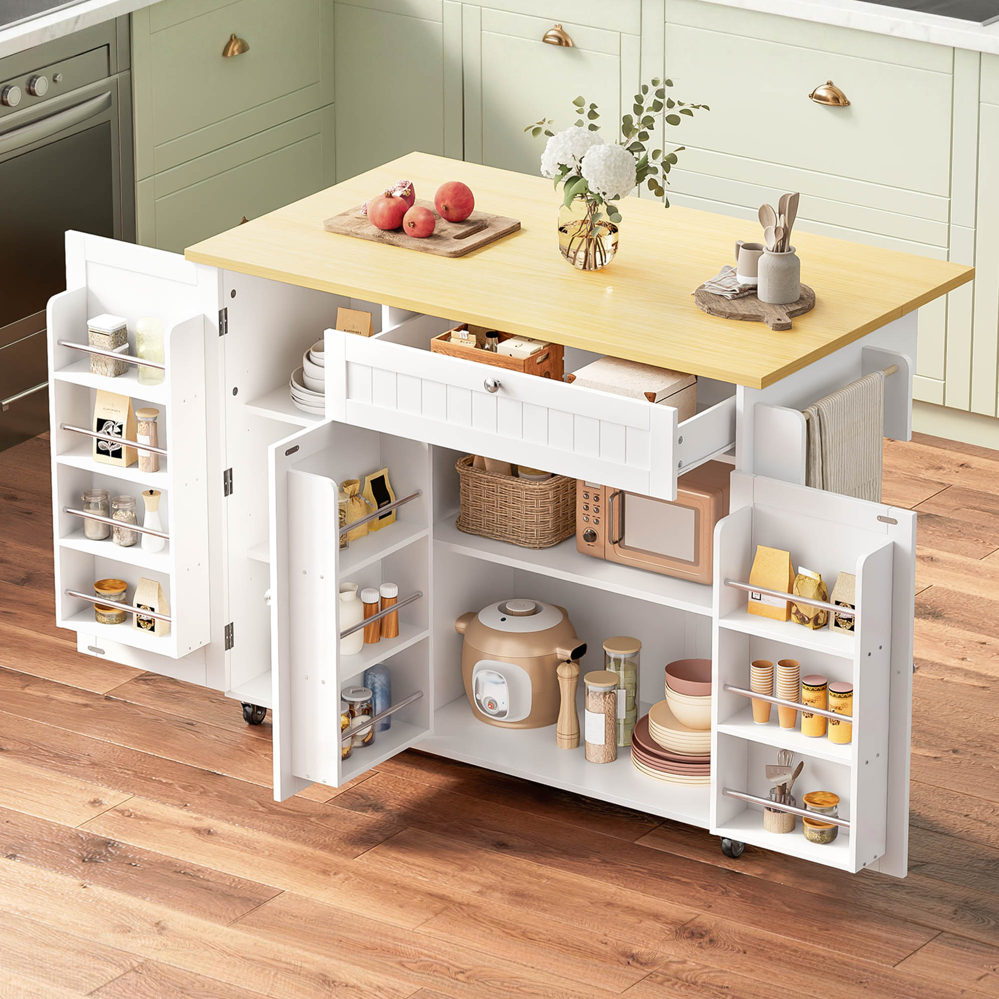 Îlot de cuisine roulant avec plan rabattable, rangement spacieux, tiroir et étagères, pour 2-4 personnes, 120x70x92 cm
