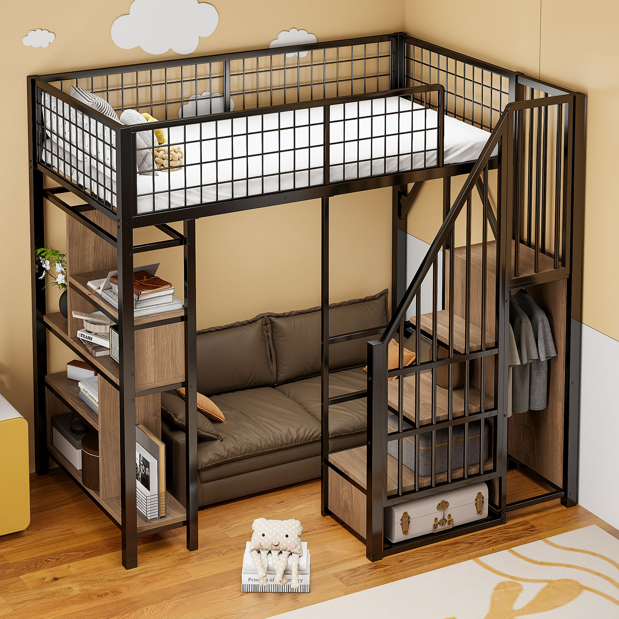 Lit mezzanine 90x200 cm avec rangement, échelle et étagères, pour adulte et enfant, noir