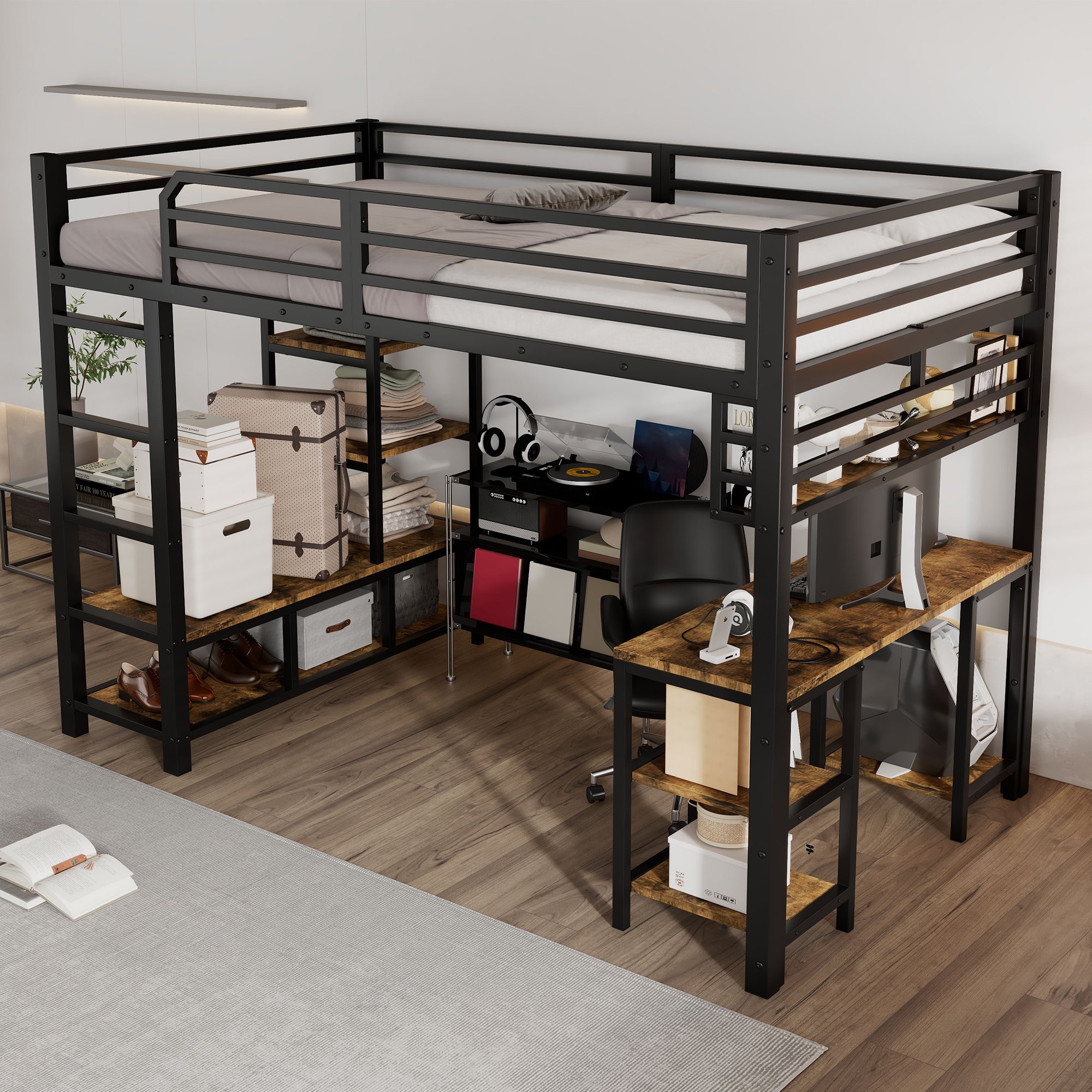 Lit mezzanine avec bureau intégré et rangement, 120x200, échelle 4 marches, fer et bois, noir et noyer