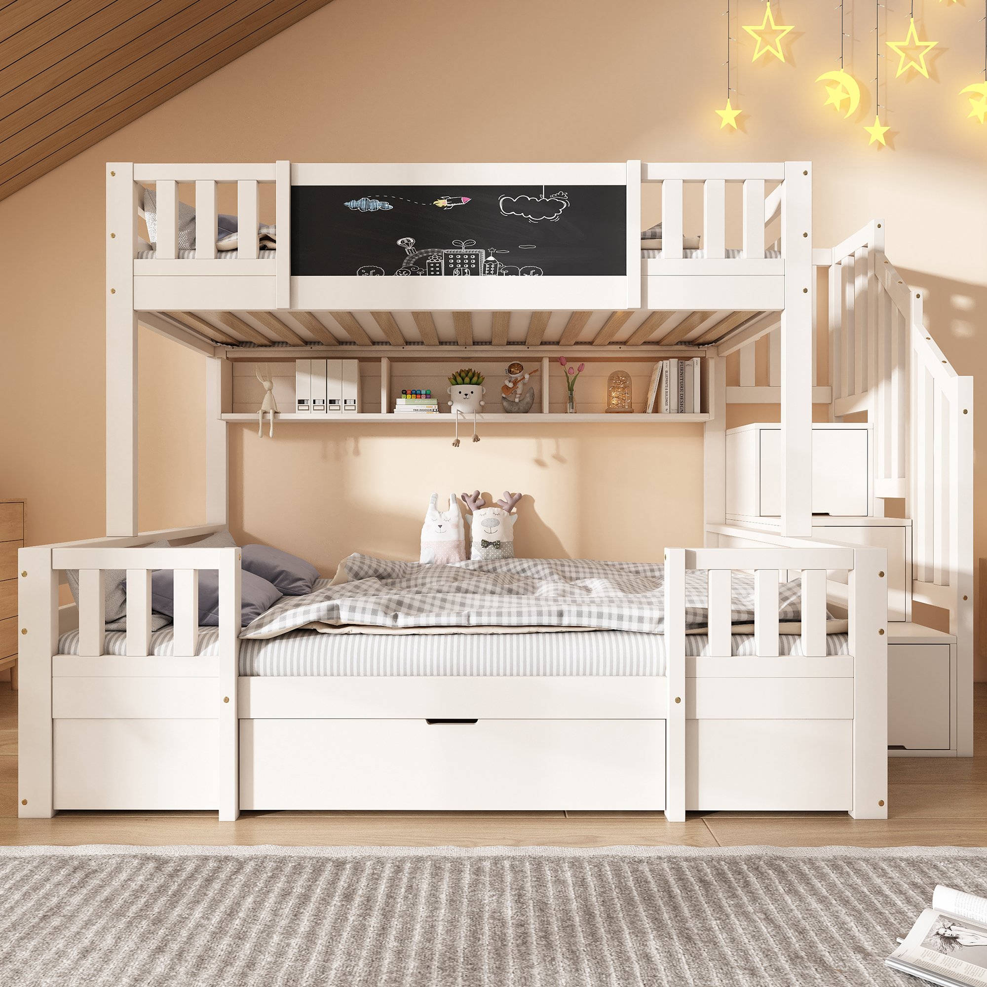 Lit superposé enfant avec escalier rangement et tiroirs, tableau craie intégré pour enfants, bois massif blanc
