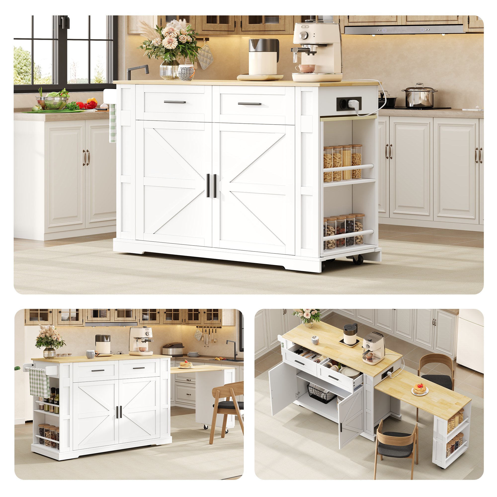 Îlot de cuisine avec plan de travail extensible, rangements spacieux, prises intégrées et roulettes, 120x50 cm, blanc et chêne