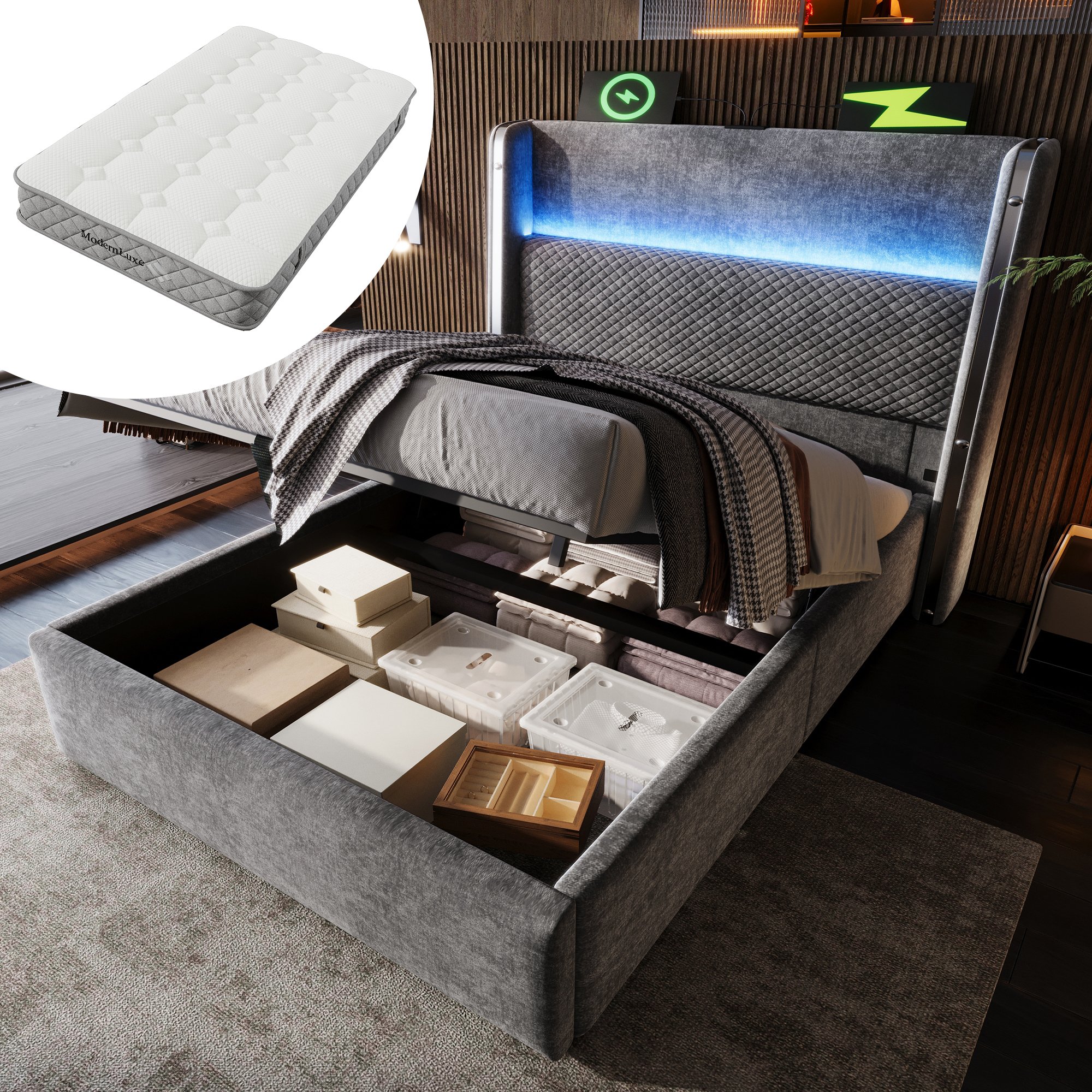 lit coffre 90x200 avec matelas, tête haute LED et rangement hydraulique gris lin