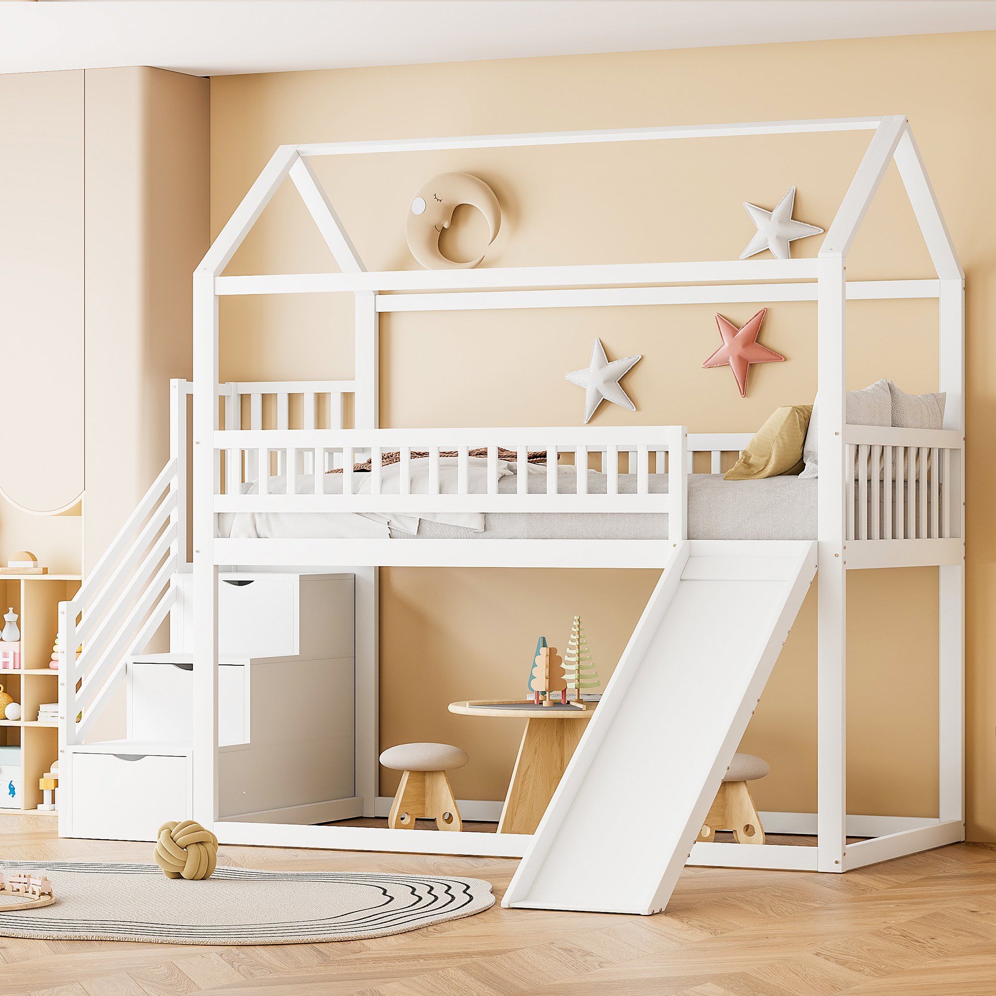 Lit mezzanine enfant 90x200 blanc avec toboggan, échelle de rangement et barrière de sécurité en bois massif