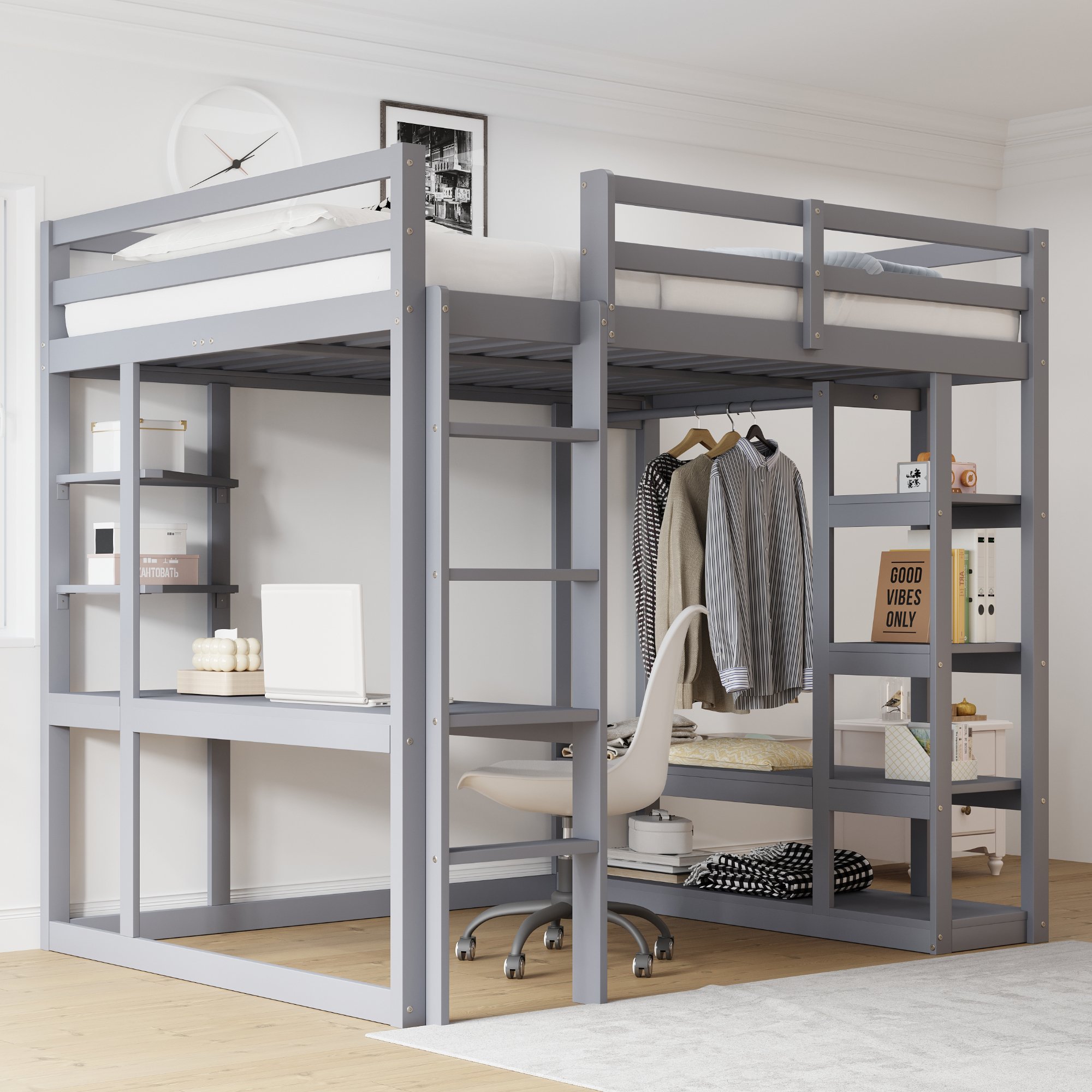 Lit mezzanine avec bureau intégré et rangements, 140x200, pour enfant et adulte