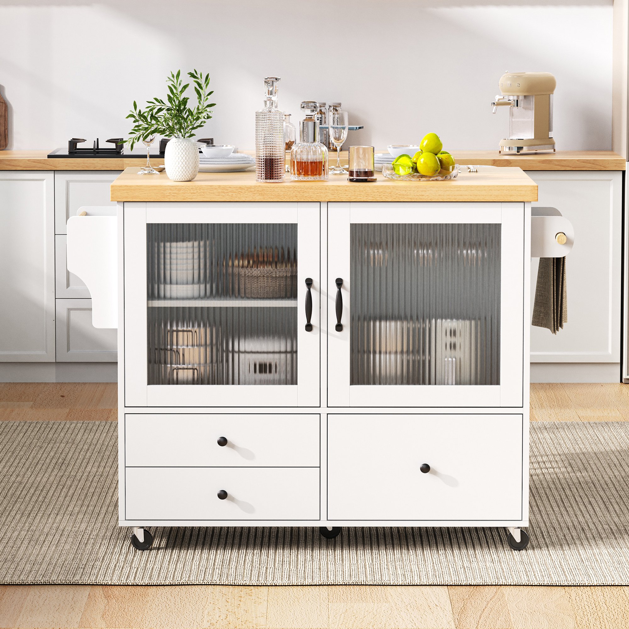 Îlot de cuisine 100x42x91,5 cm avec plan de travail extensible, rangement, porte-verres, sur roulettes, blanc, Panneau composite de fibres de bois à densité