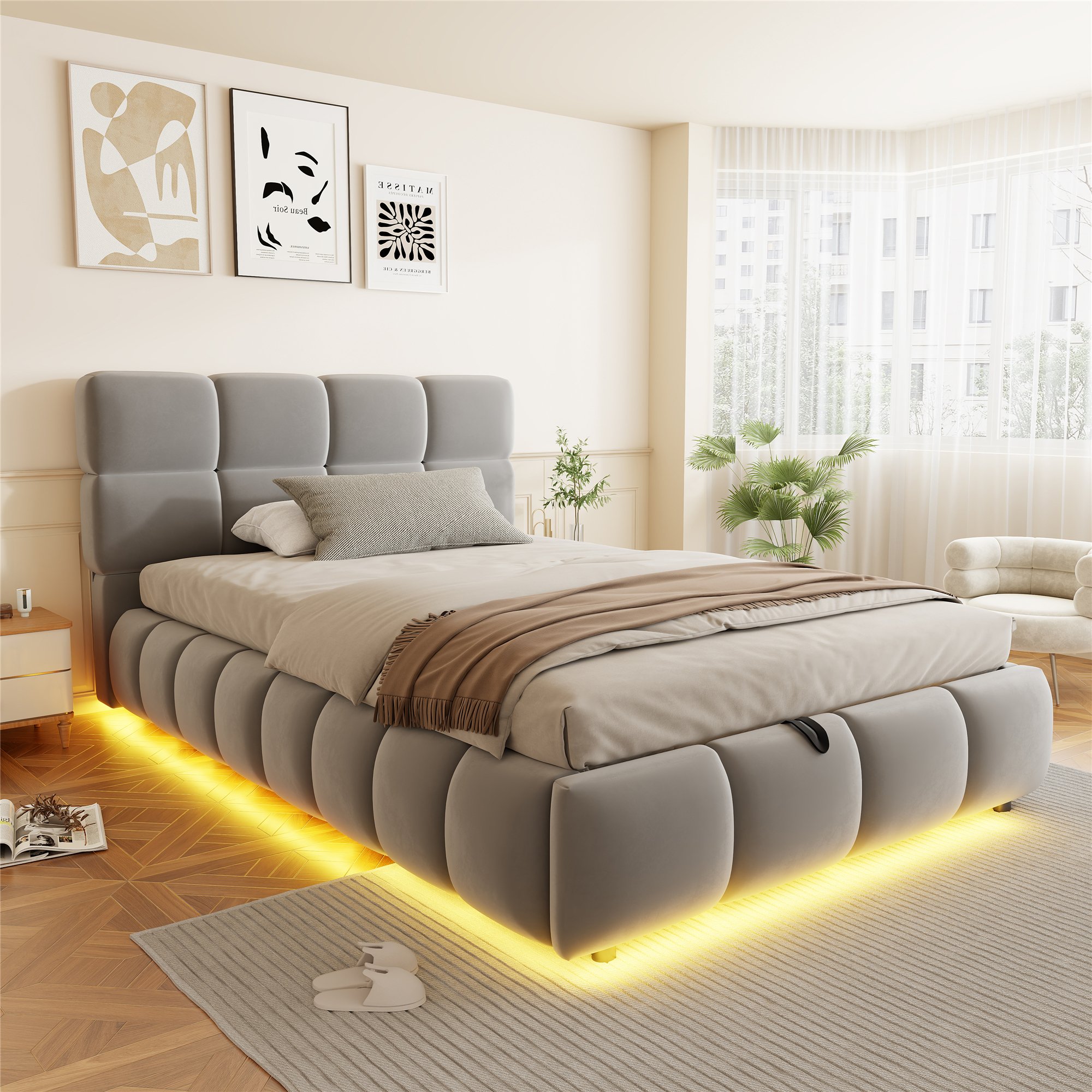 Lit coffre 90x200 en velours gris avec LED et rangement hydraulique, sommier à lattes inclus
