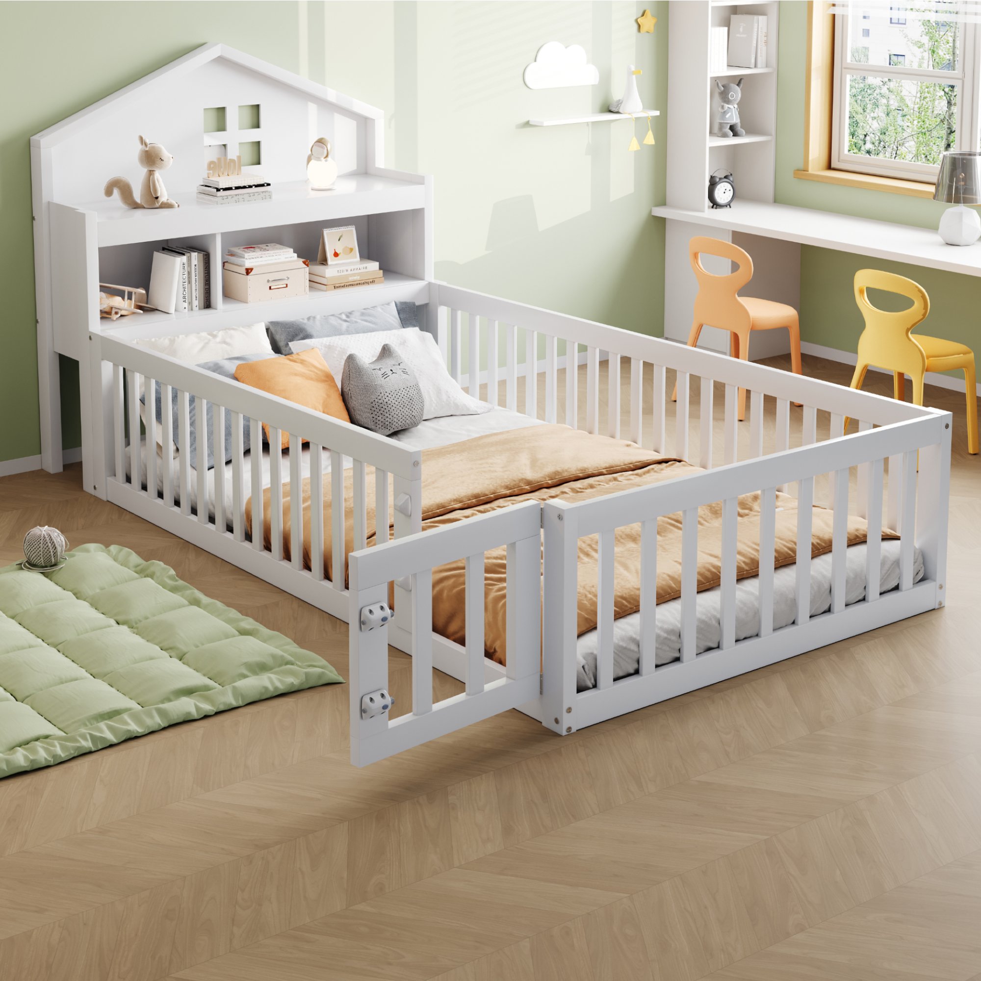 Lit enfant en bois massif avec structure maison, rangements et sommier à lattes, 90x200