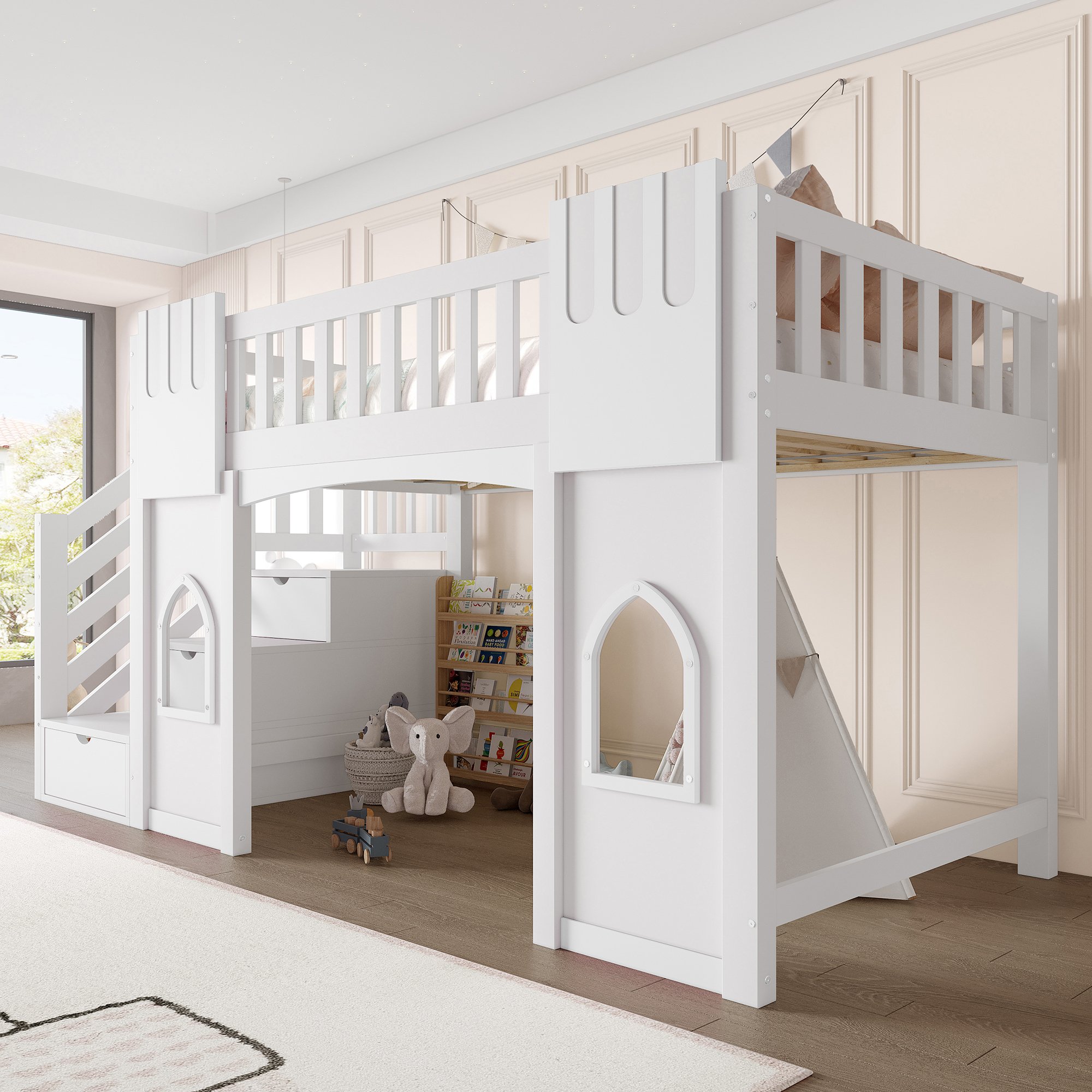 Lit mezzanine avec escalier et rangement, fenêtres, 90x200, blanc