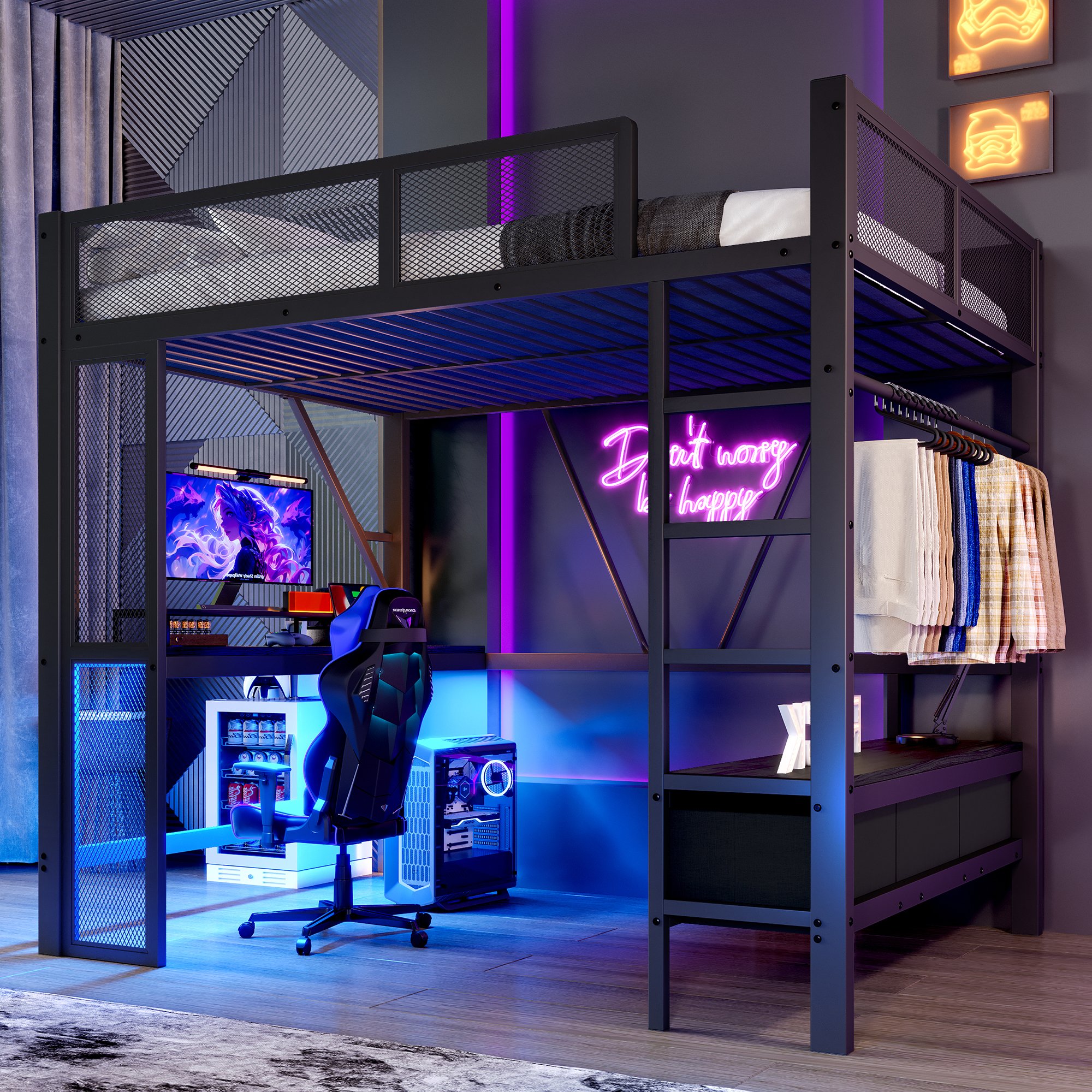 Lit mezzanine 140x200 avec bureau, LED 16 couleurs, USB, rangements et penderie, métal noir