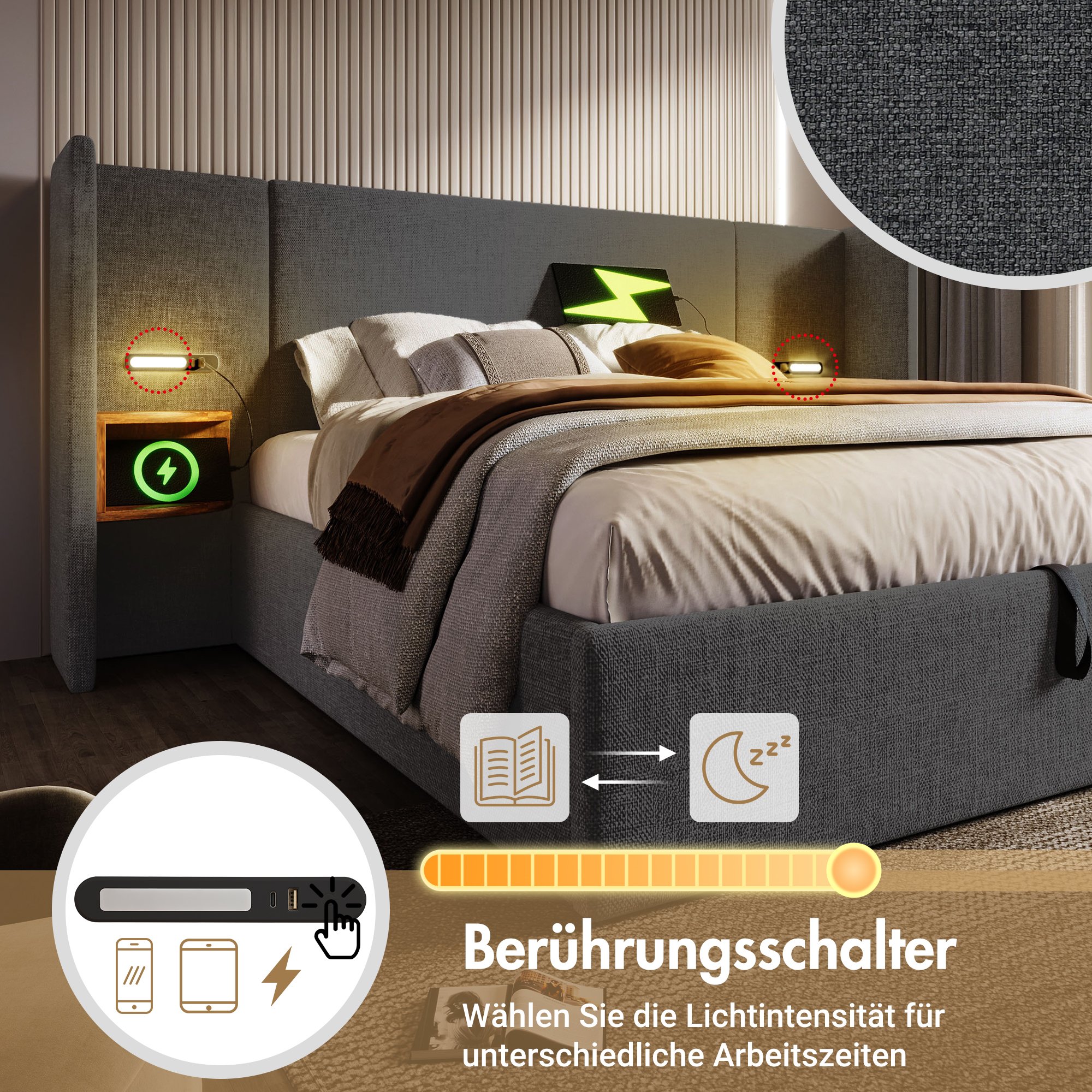 lit coffre double 160x200 avec LED tactile, USB Type-C, étagère intégrée et rangement hydraulique sous matelas